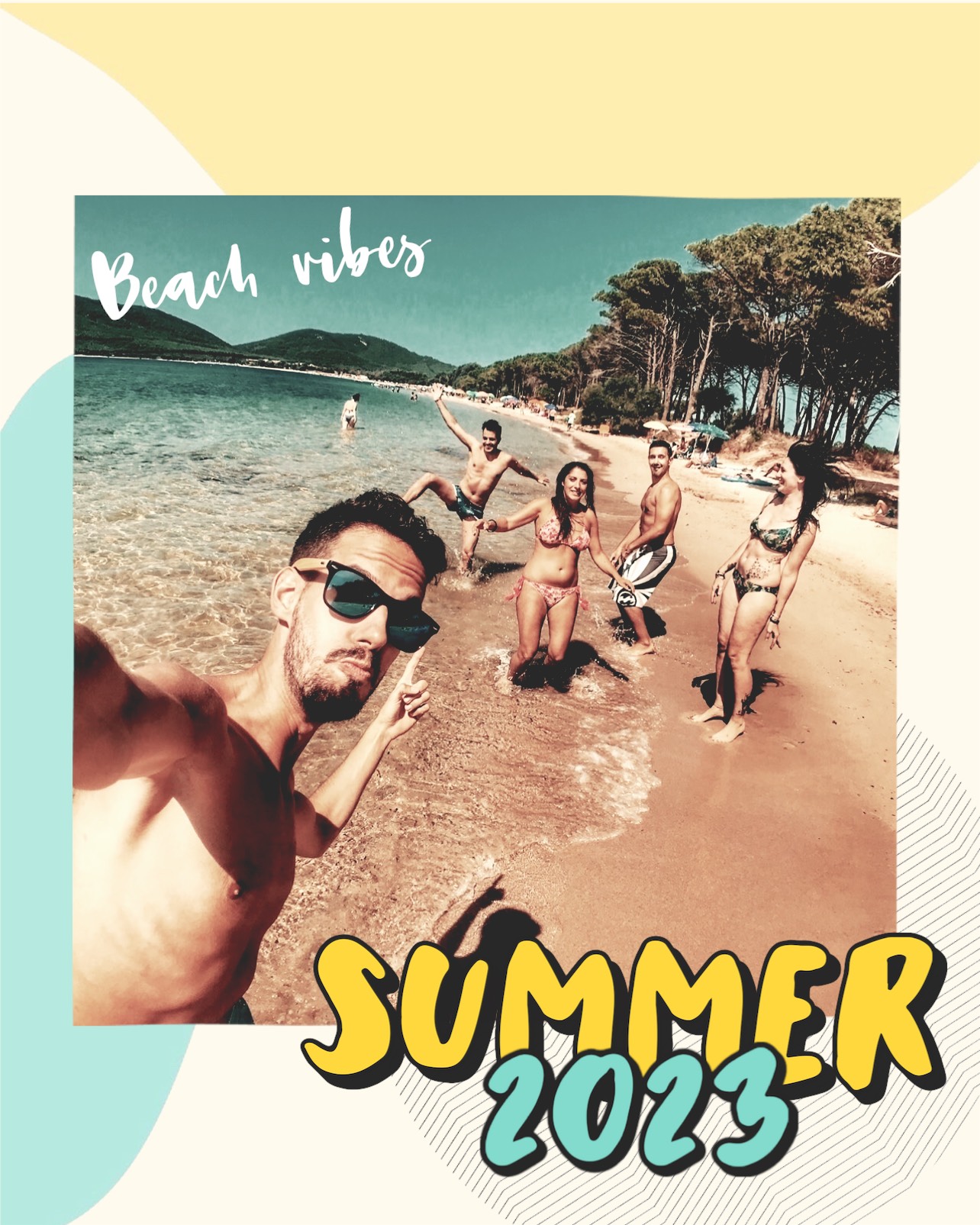 A Group Of People Standing On Top Of A Beach Retro Summer Template