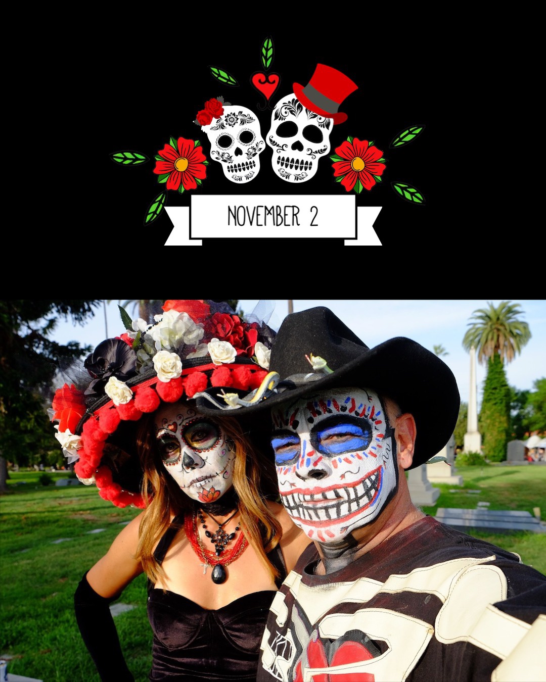 A Man And A Woman Wearing Skeleton Makeup Day Of The Dead Template