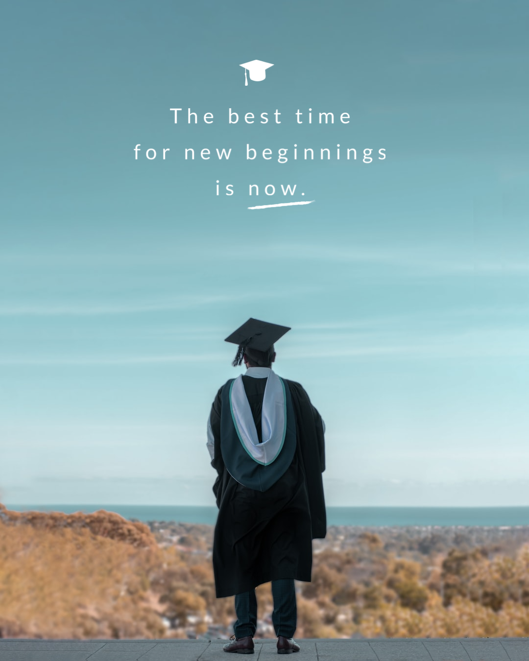 A Person In A Graduation Gown Looking Out At The Ocean Graduation Template