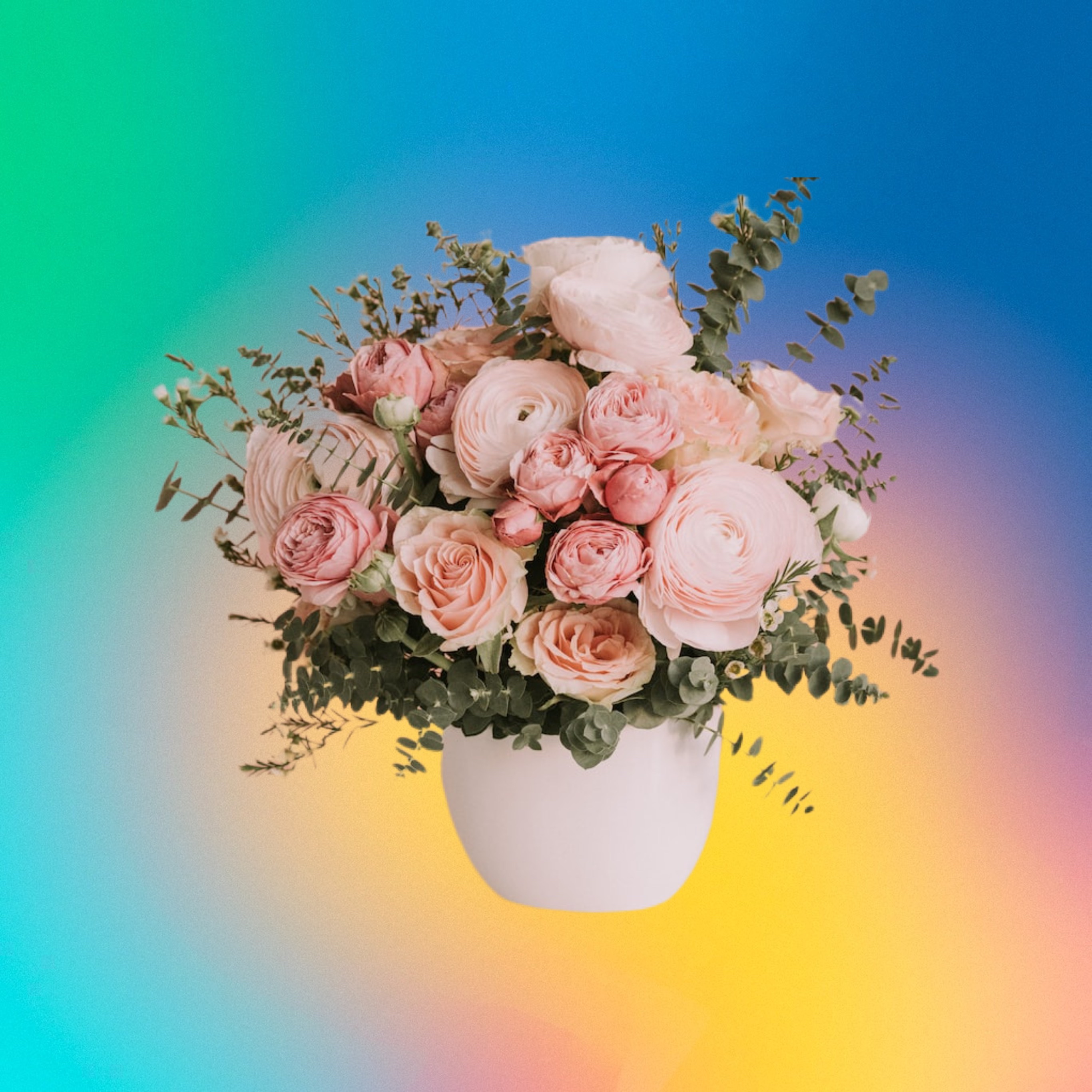 Bokeh flowers on a colorful rainbow gradient background Magic Template
