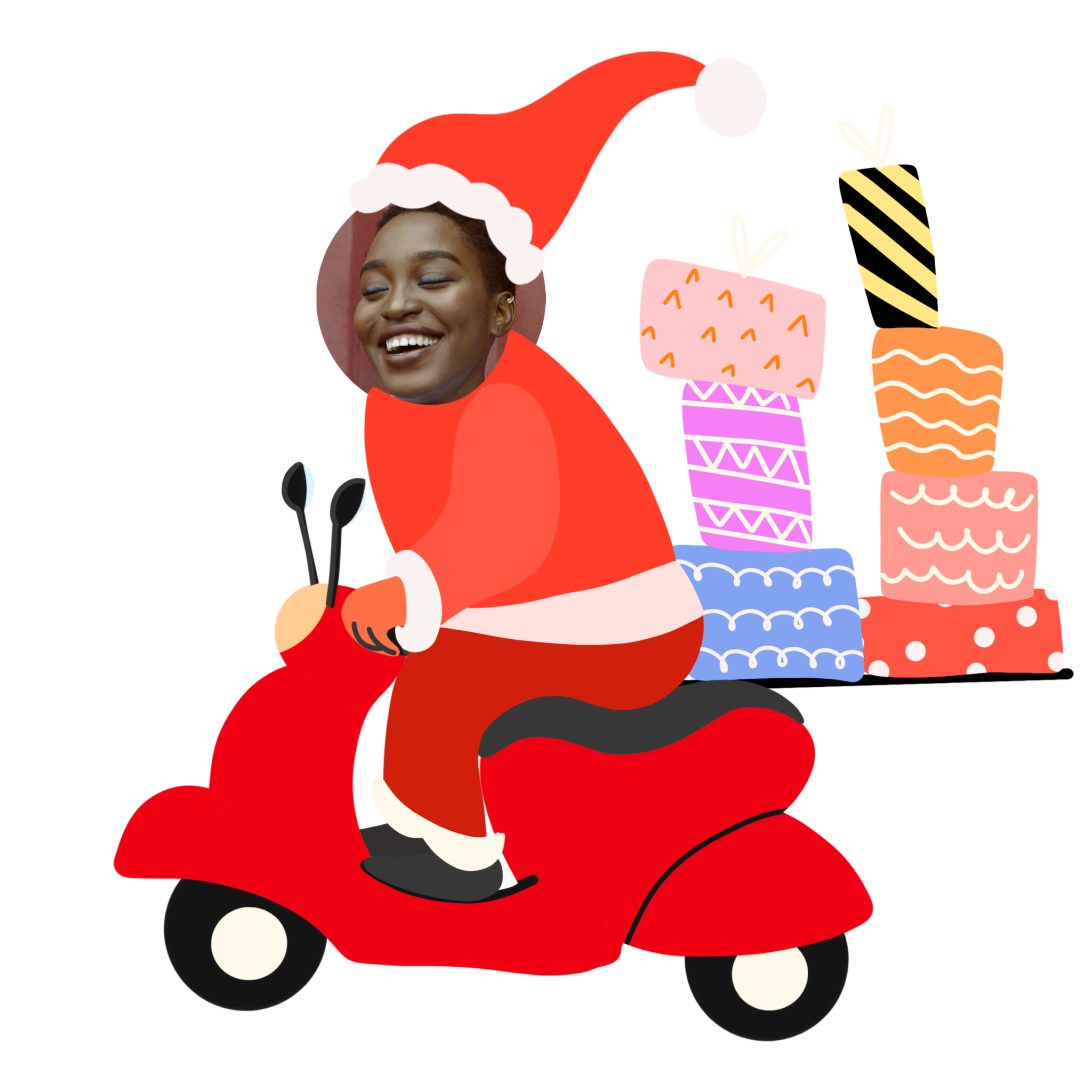 A Woman Riding A Red Scooter With A Cake On Top Of It Christmas Stickers Template