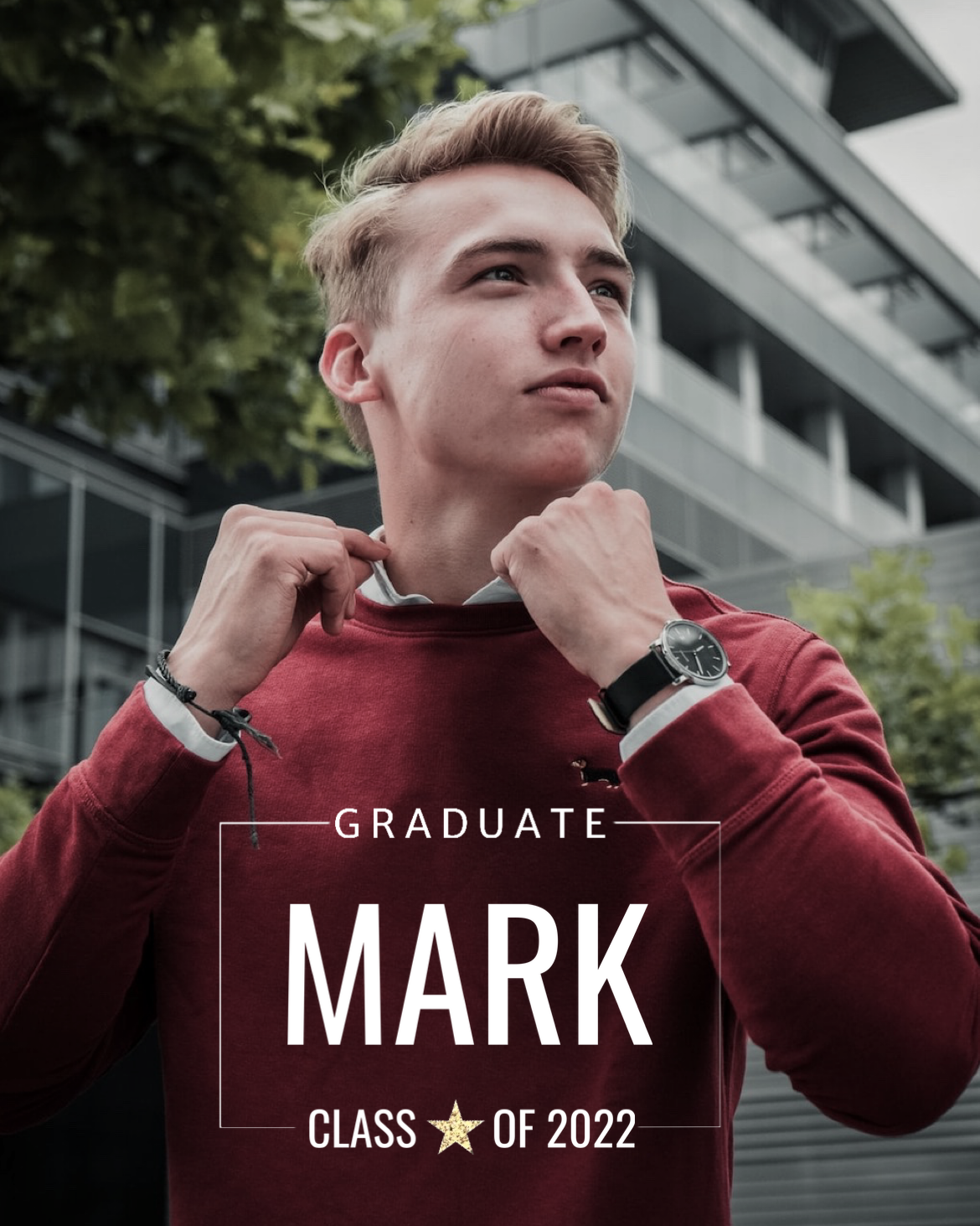 A Young Man Wearing A Maroon Sweatshirt With The Words Graduate Mark On It Graduation Template