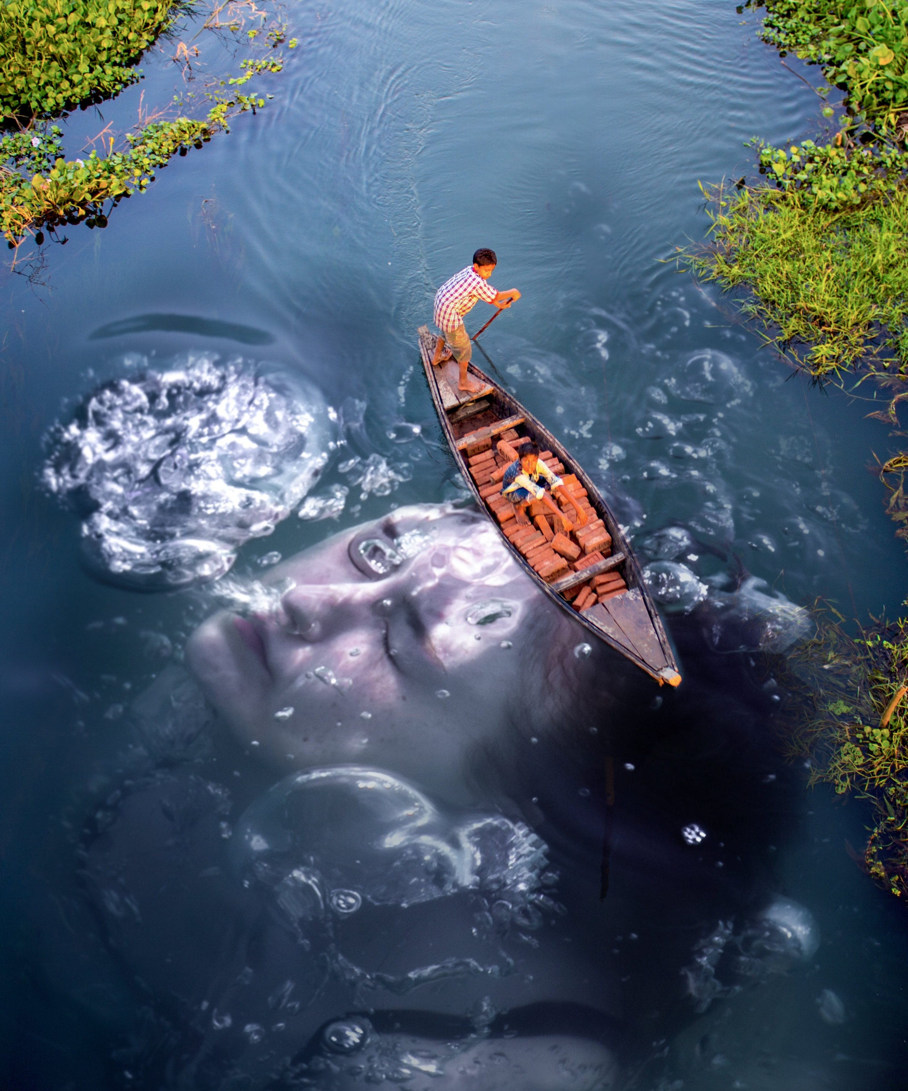 A Man In A Boat Floating On Top Of A Body Of Water Collage Art Template