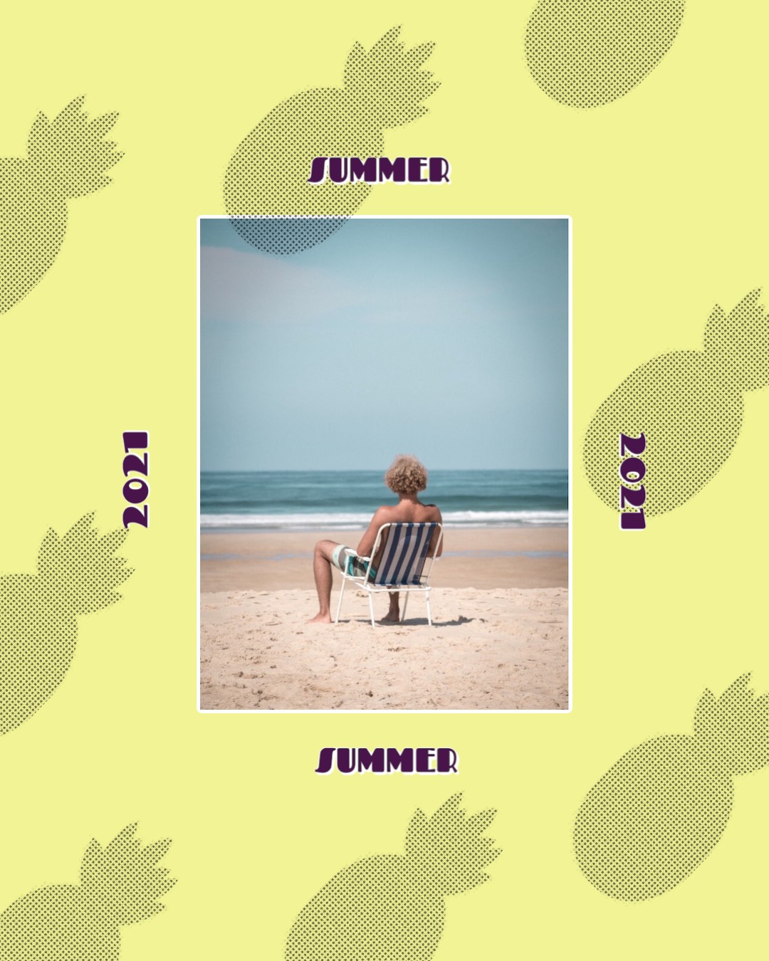 A Picture Of A Person Sitting In A Chair On The Beach Retro Summer Template