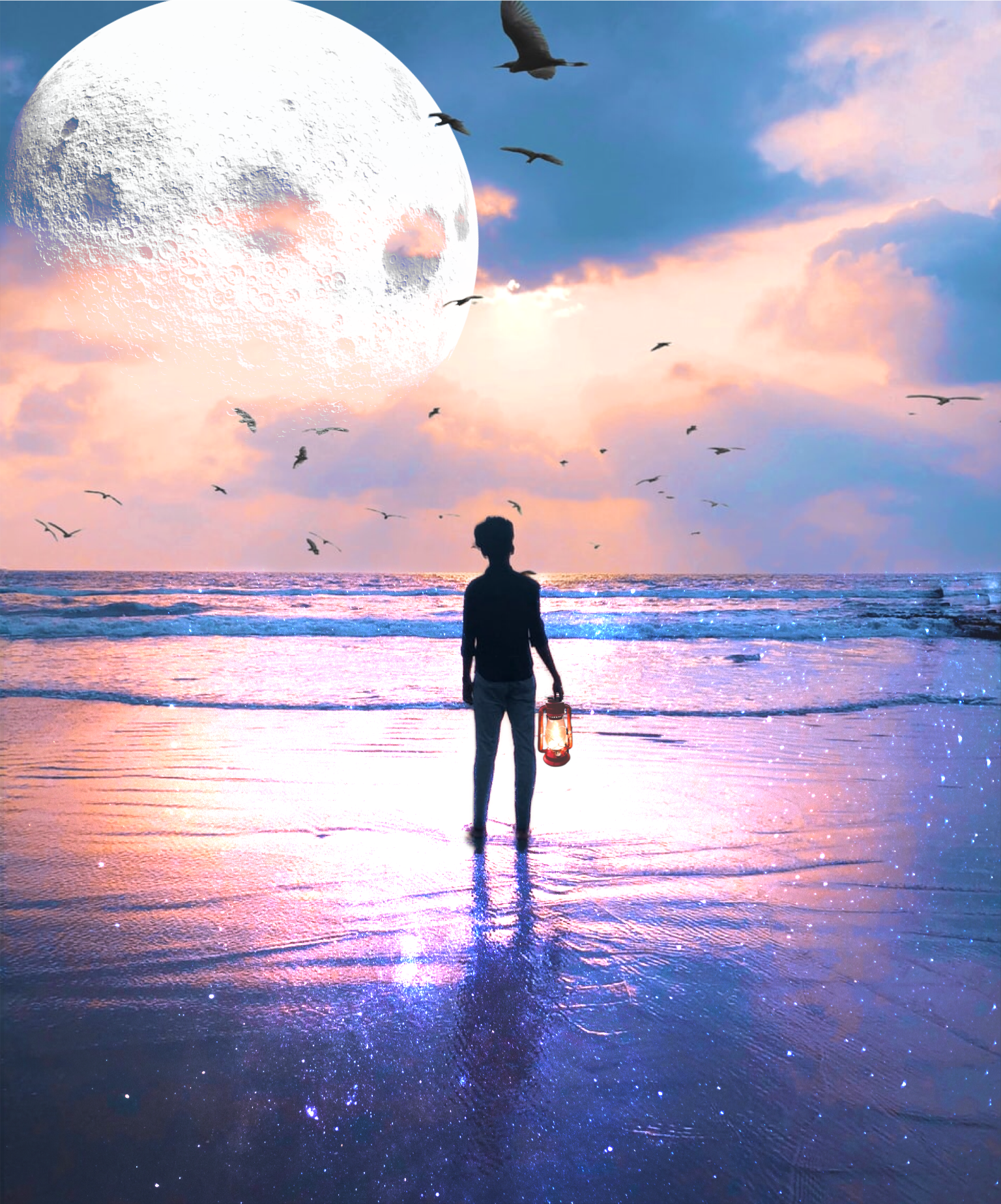 A Person Standing On A Beach Next To The Ocean Collage Art Template