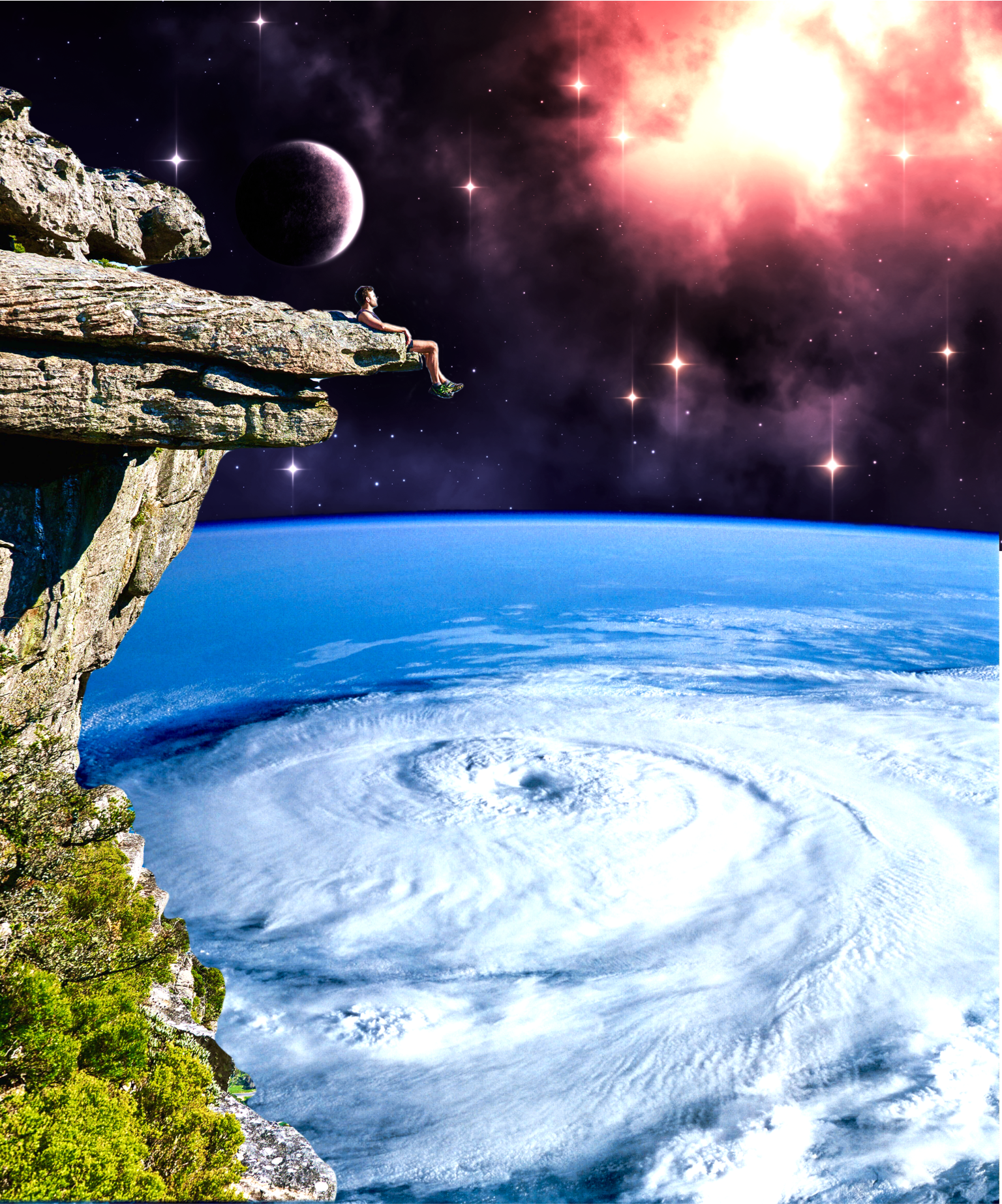 A Man Sitting On A Cliff Looking At A Storm Collage Art Template