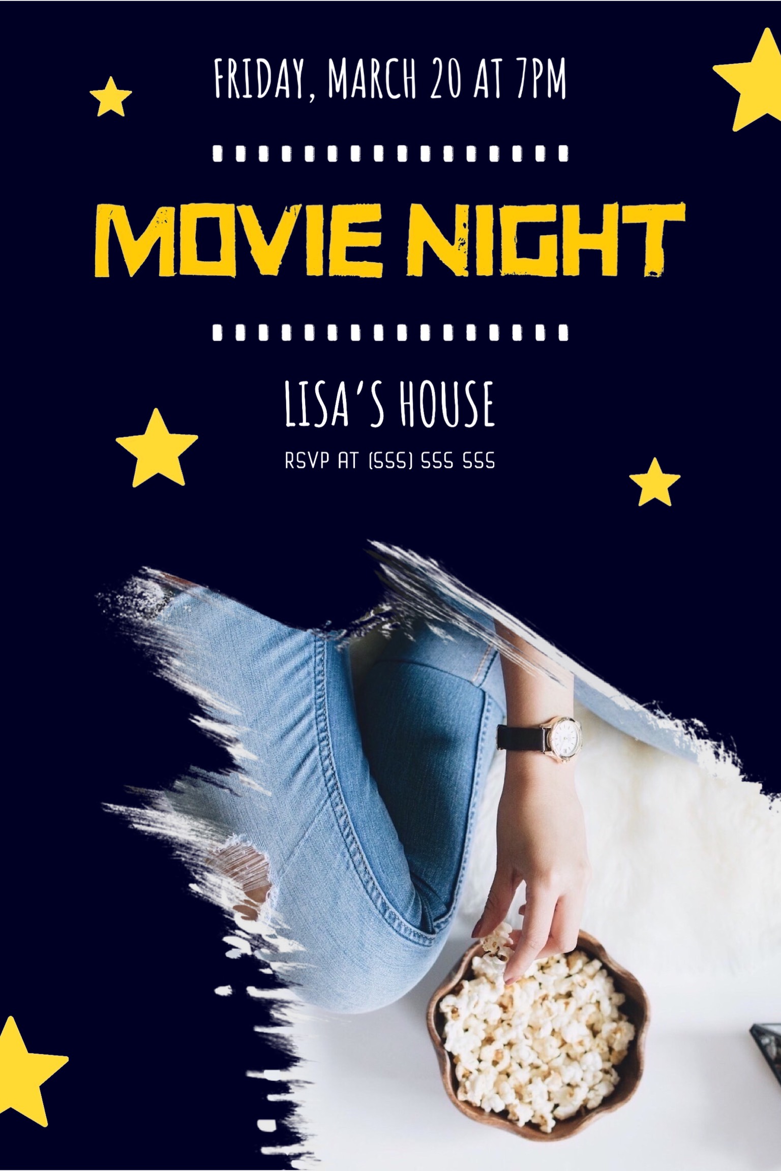 Movie Night With A Woman Holding A Bowl Of Popcorn Invitation Template