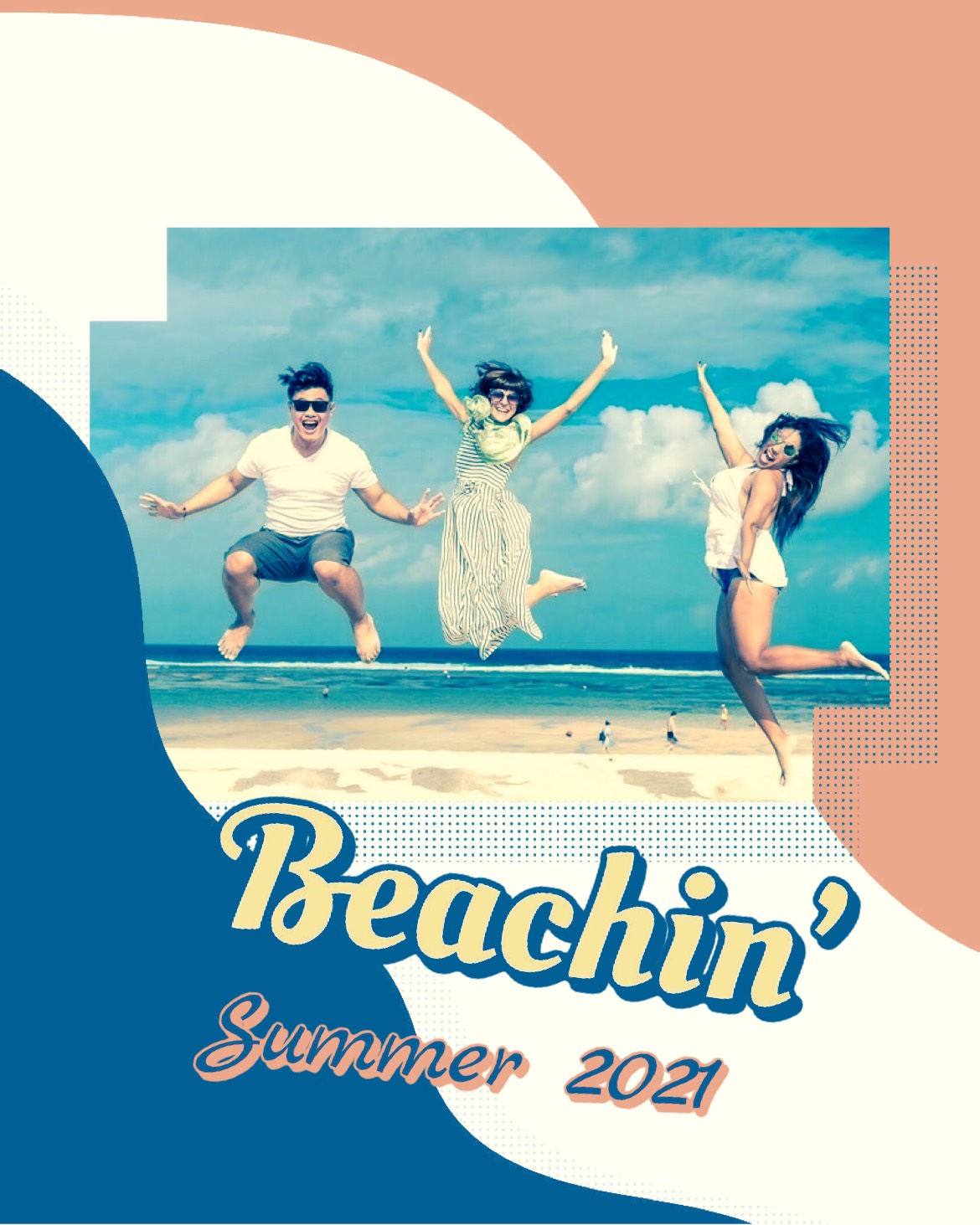 A Couple Of People That Are Jumping In The Air Retro Summer Template