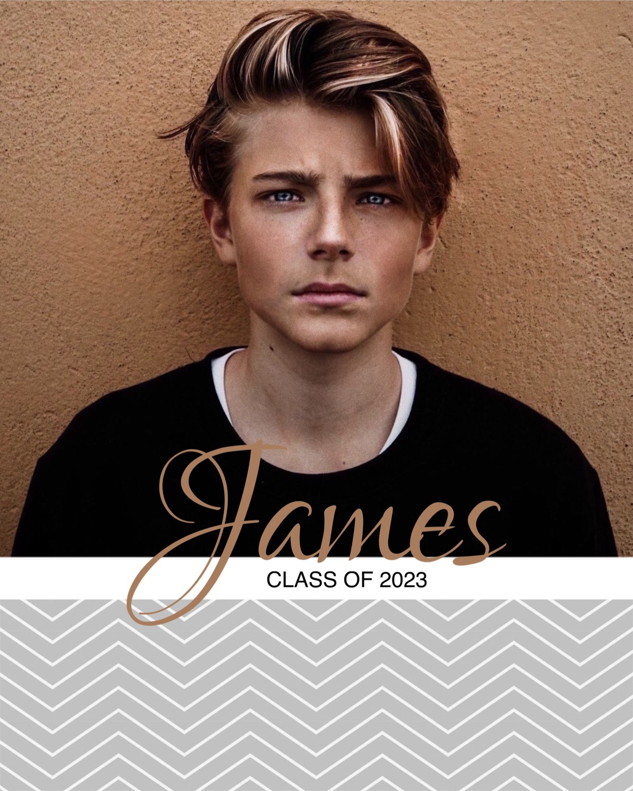 A Man With A Black Shirt And A Gray And White Chevron Background Graduation Template