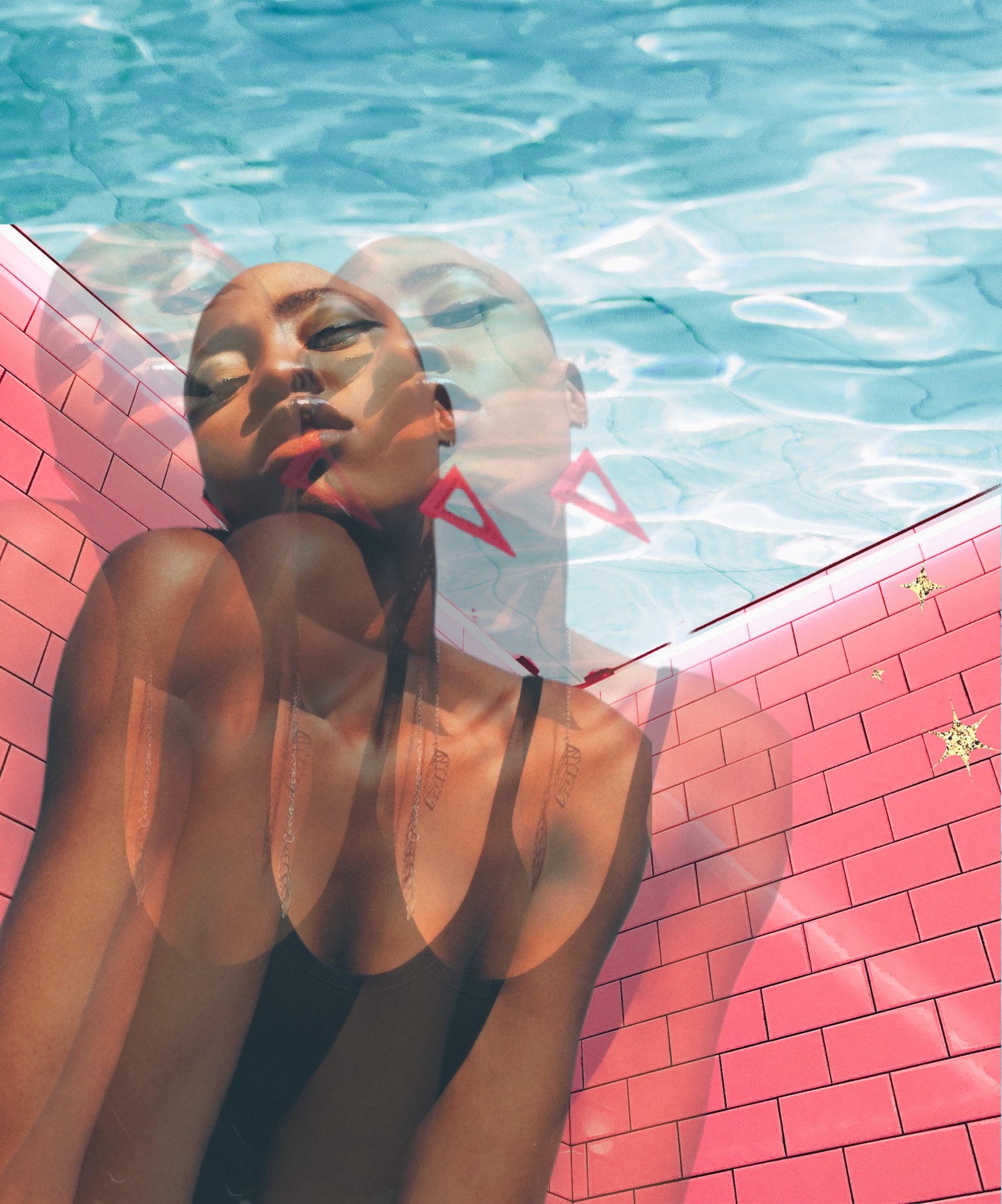 A Woman In A Bathing Suit Sitting Next To A Swimming Pool Collage Art Template