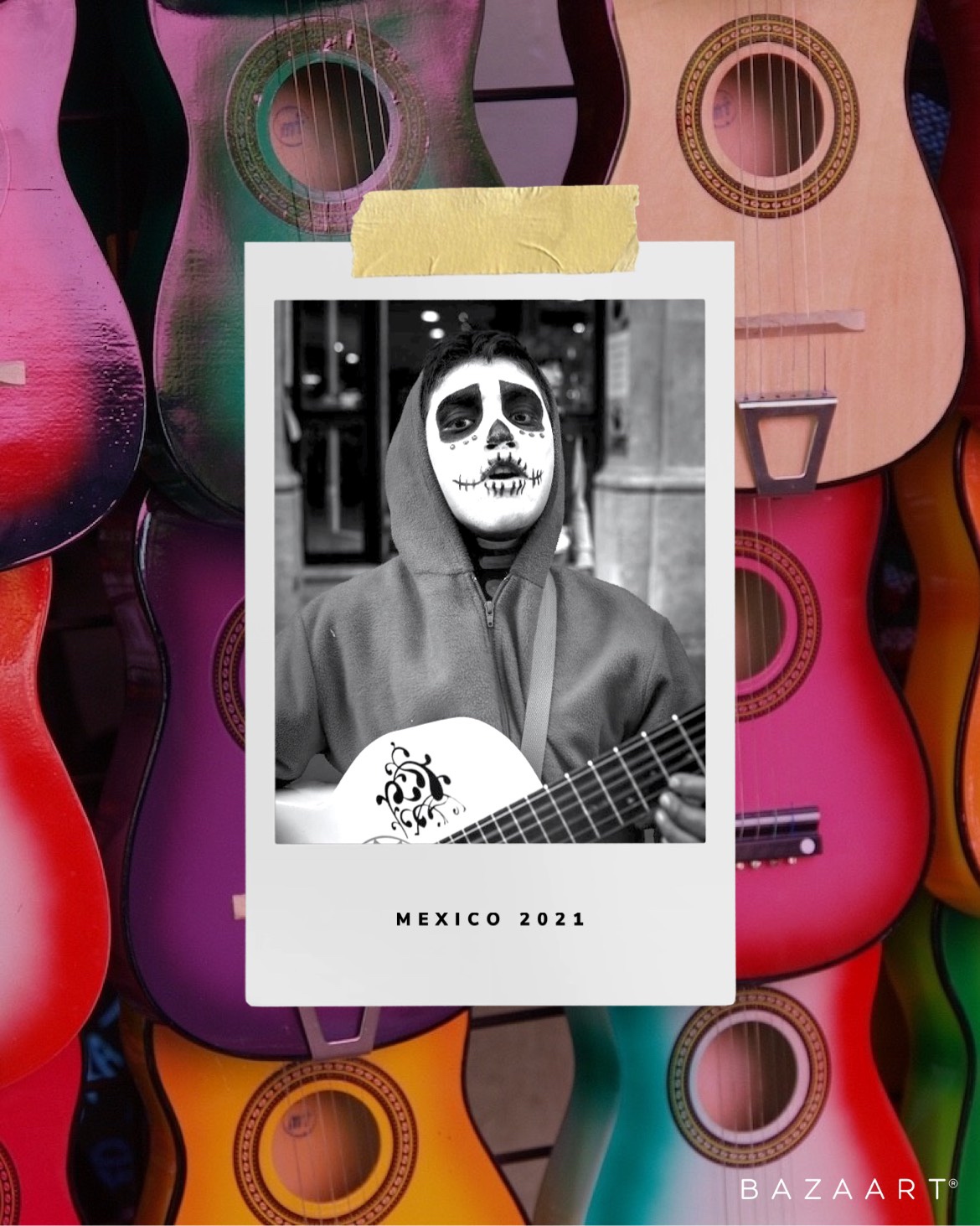 A Photo Of A Man With A Guitar In Front Of Colorful Guitars Day Of The Dead Template
