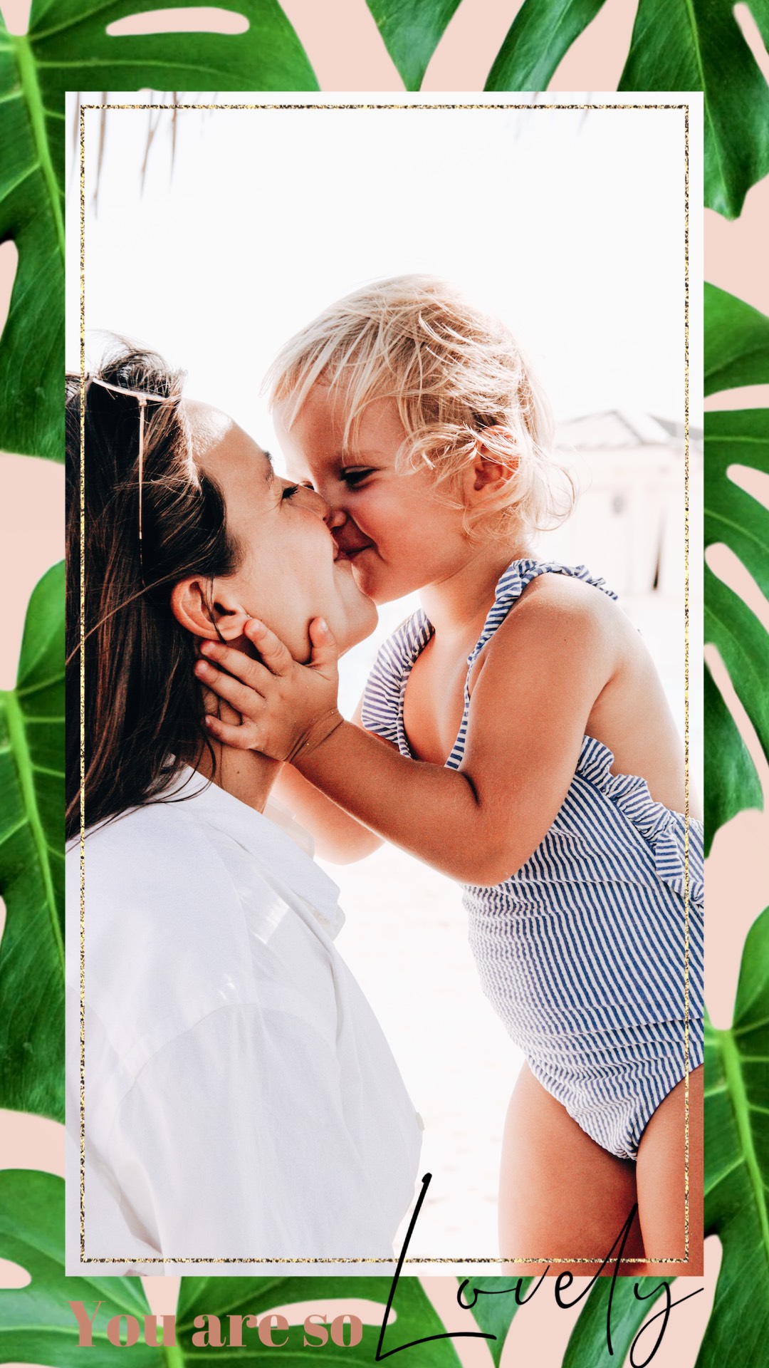 A Mother Kissing Her Daughter On The Cheek Leaves Template