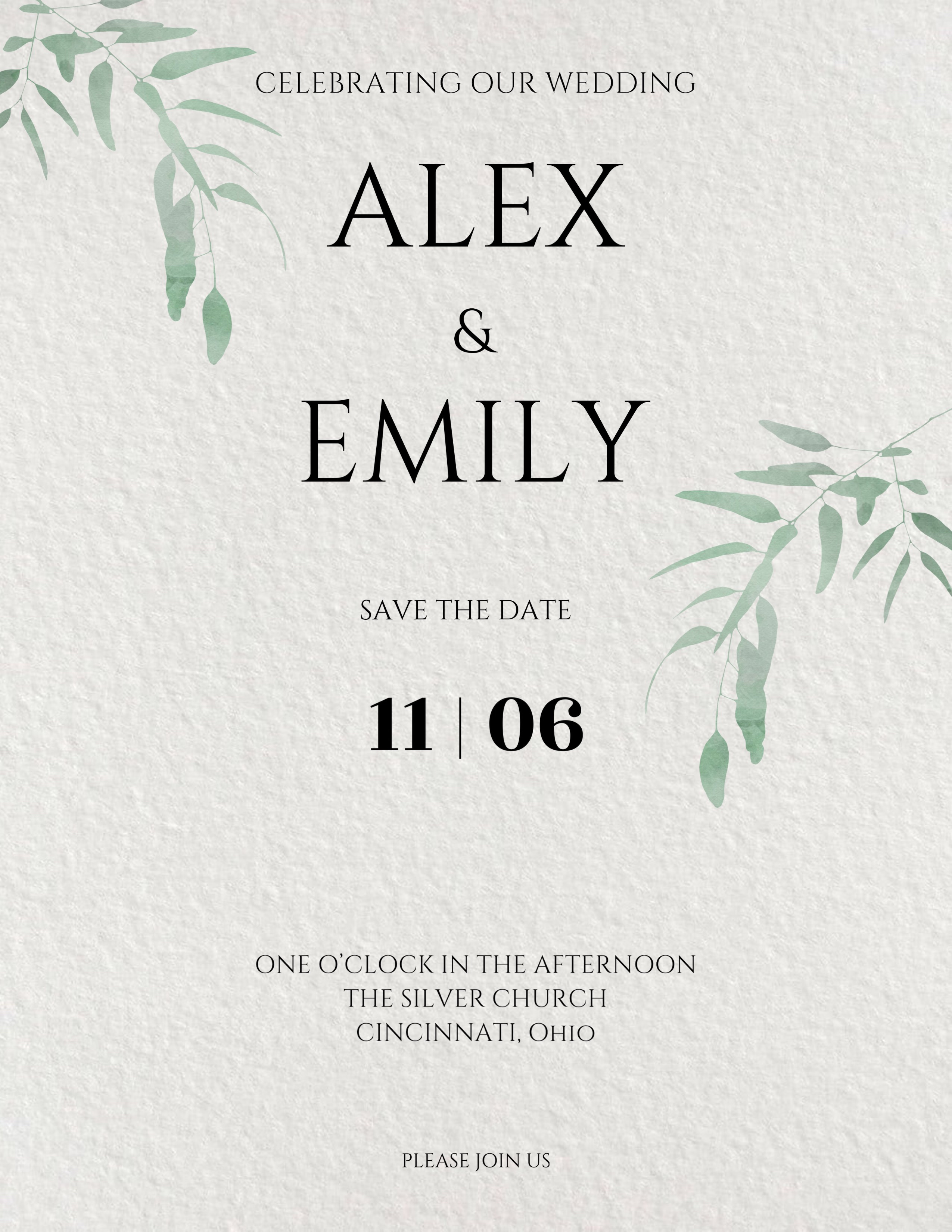 A White And Green Wedding Card With Leaves On It Wedding Template
