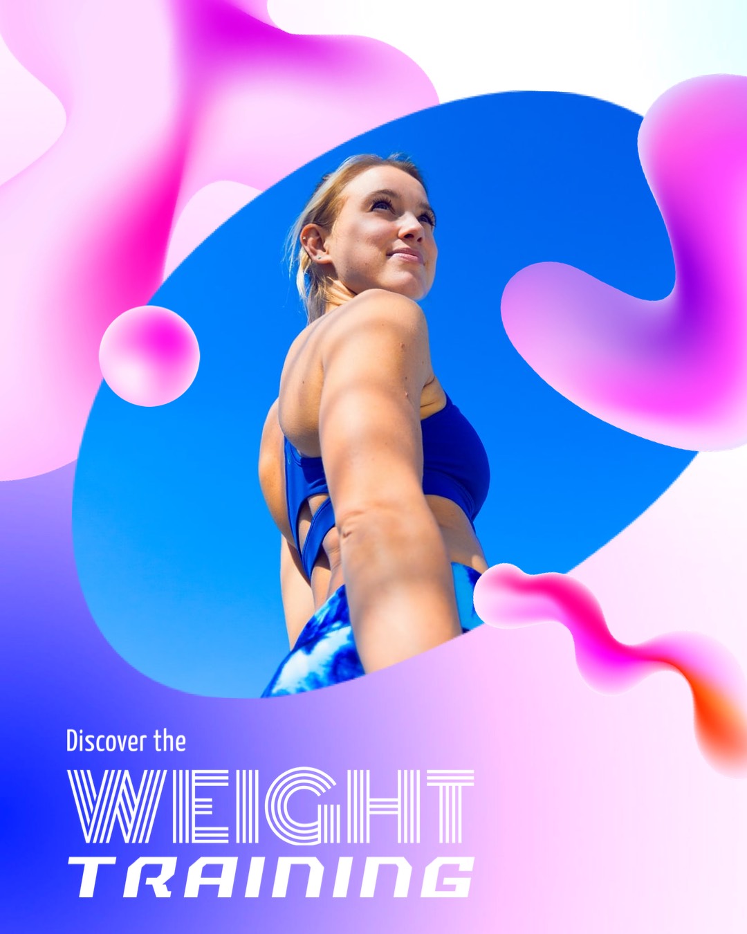 A Woman In A Bikini Standing In Front Of A Blue And Pink Background Sports Template