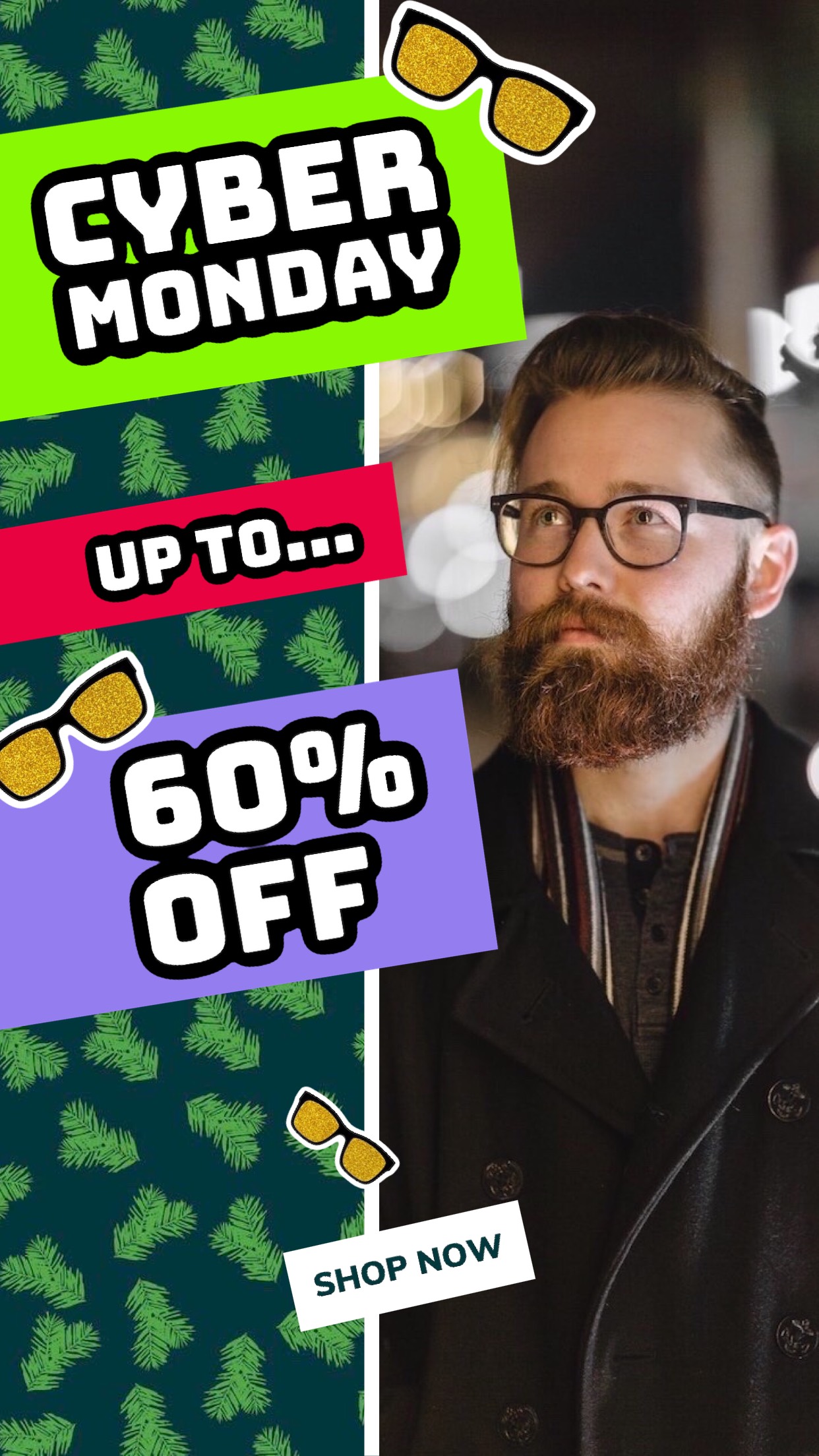 Man with glasses cyber monday sale flyer template