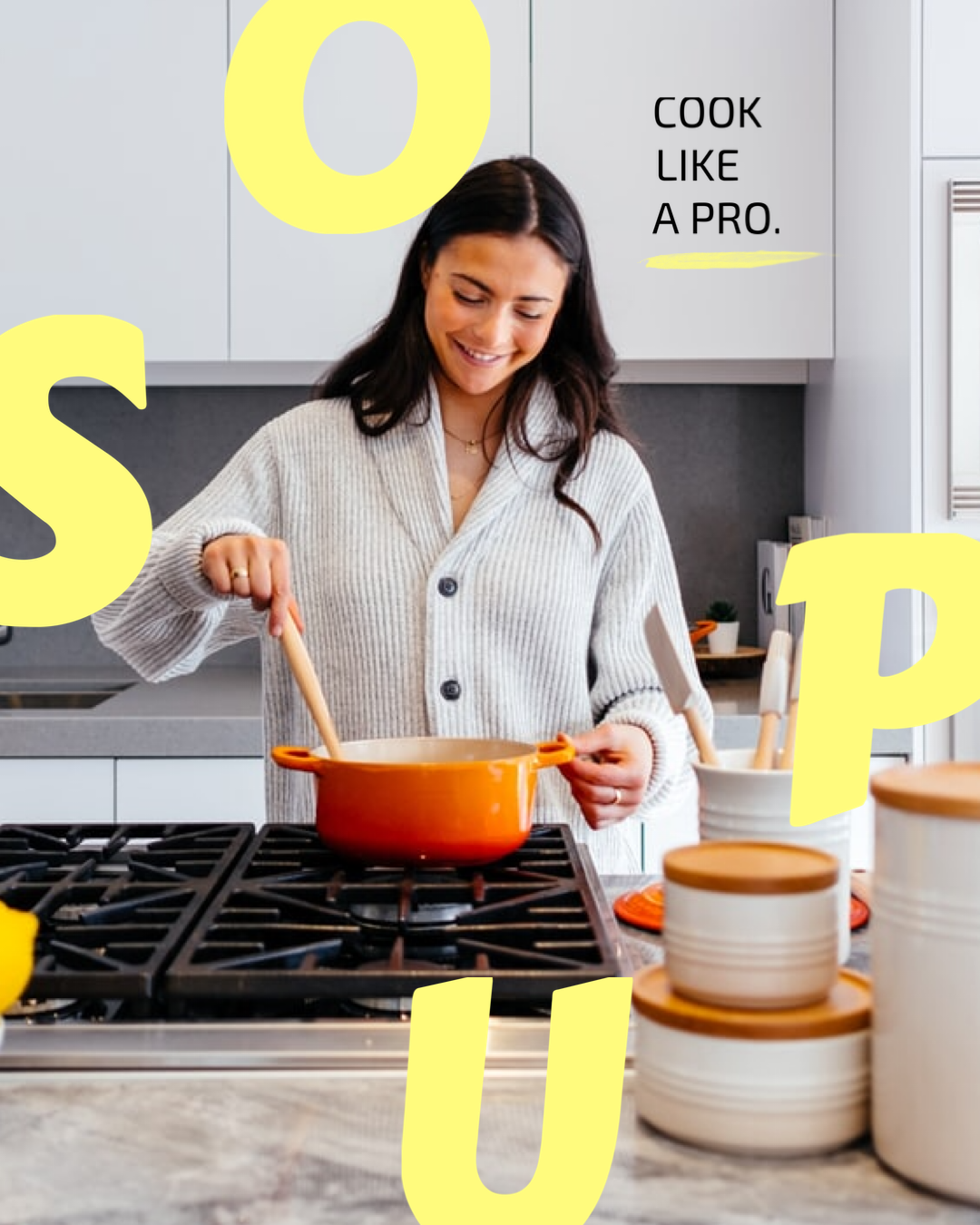 A Woman Is Cooking In The Kitchen With Yellow Letters Foodie Template