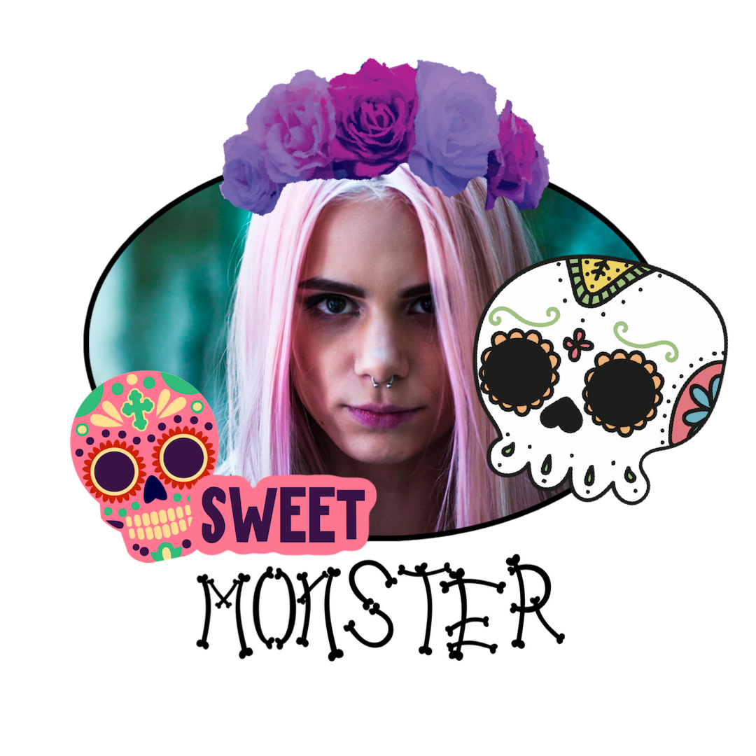 A Girl With Pink Hair And A Skull With Flowers On Her Head Halloween Stickers Template