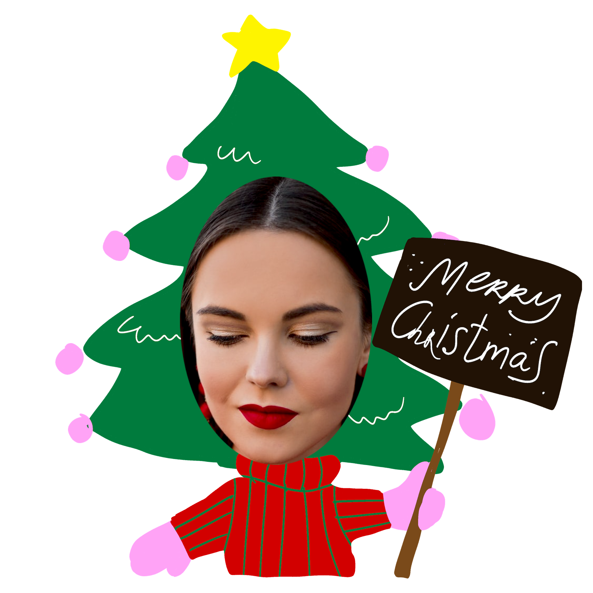 A Woman Holding A Sign In Front Of A Christmas Tree Christmas Stickers Template