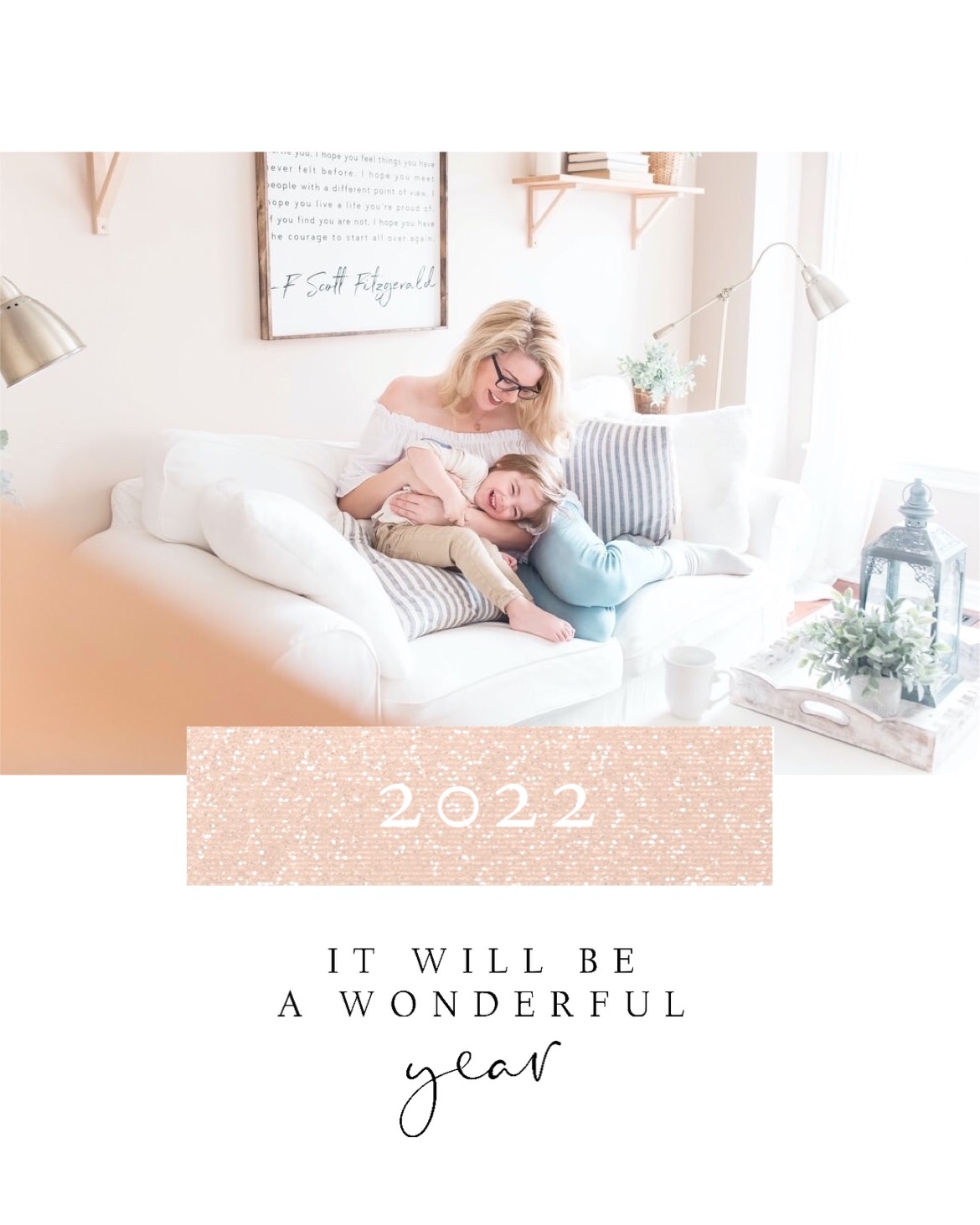 Woman and child on sofa this year will be a wonderful year Happy New Year template