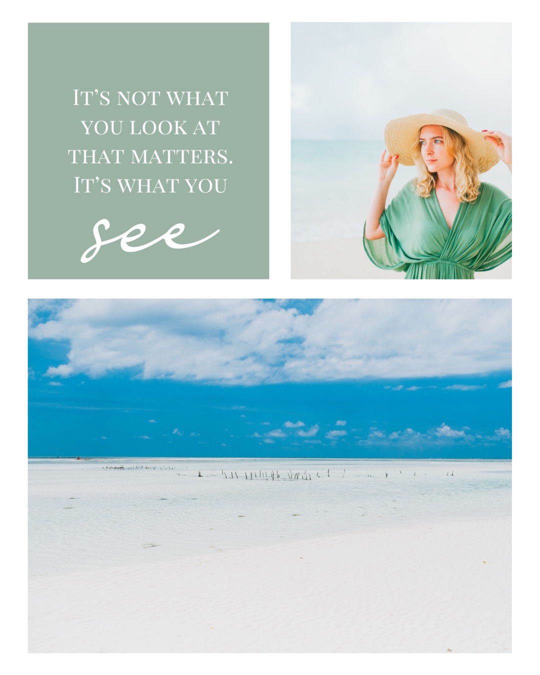 A Woman Wearing A Hat And Green Dress On The Beach Wanderlust Template