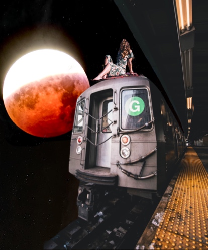 Woman sitting on the train and big moon collage art template