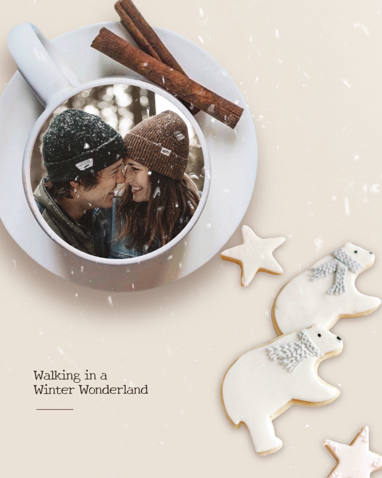 Man and woman's image in a coffee cup next to gingerbread cookies Winter Wonderland template