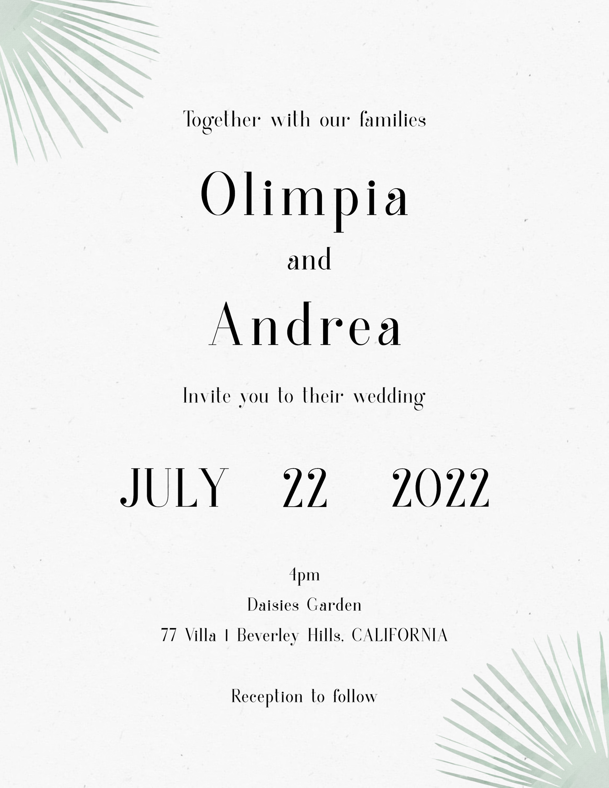 A Wedding Card With Palm Leaves On It Wedding Template