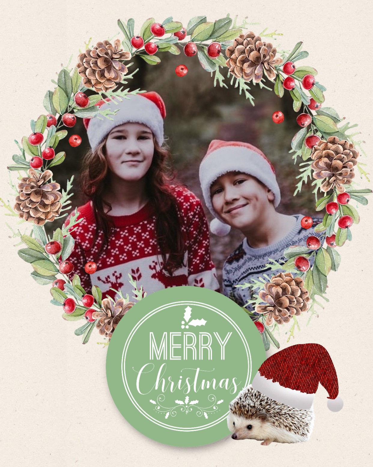 Girl and boy with santa hats and decorated frame Christmas template