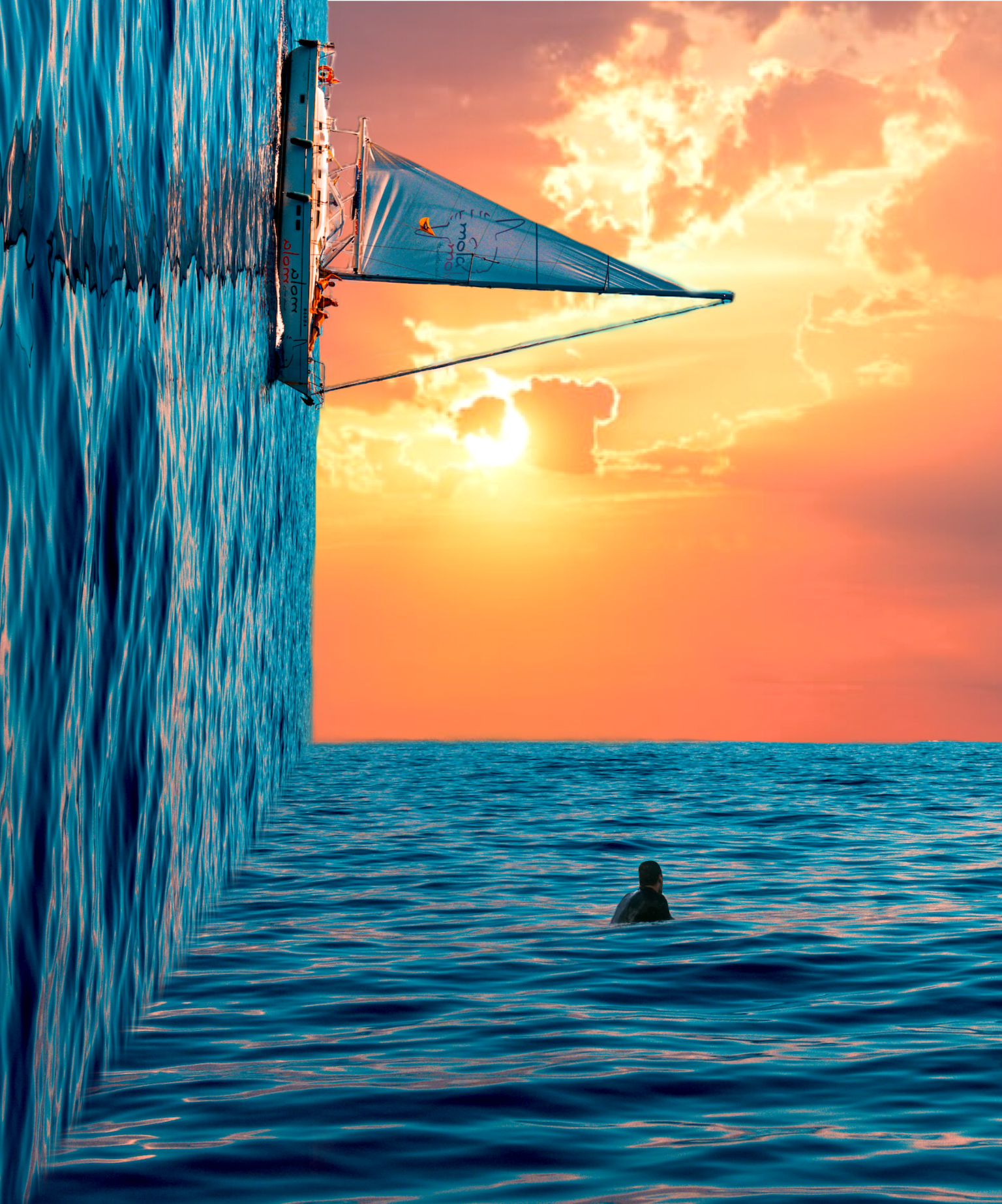 A Person Swimming In The Ocean At Sunset Collage Art Template
