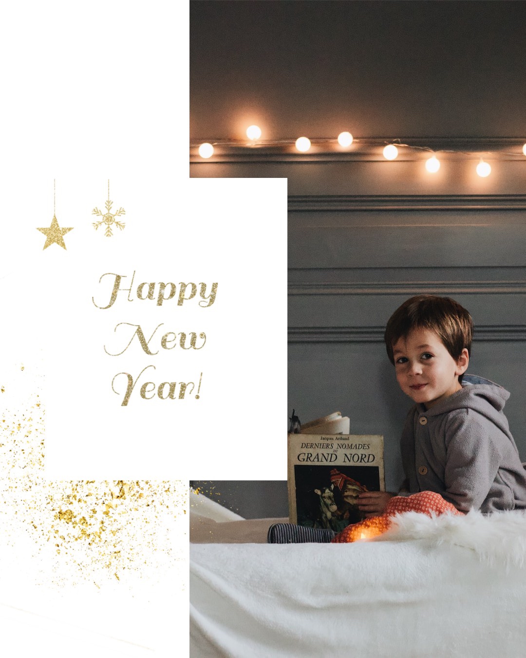 A Young Boy Sitting On A Bed Reading A Book Happy New Year Template