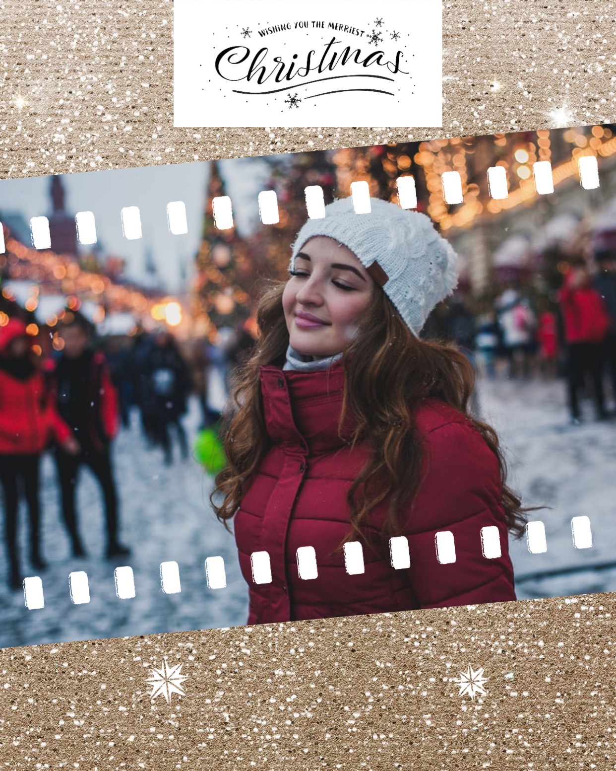 A Woman In A Red Coat And A White Hat Merry Christmas Template