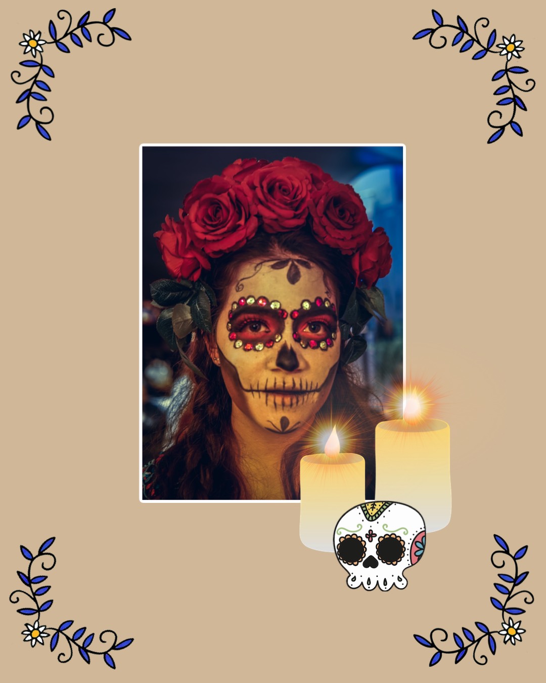 A Picture Of A Woman With A Skull And Roses On Her Head Day Of The Dead Template