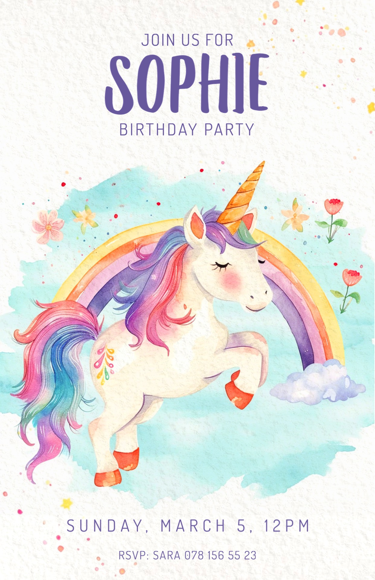 unicorn watercolor illustration kids Birthday invitation template