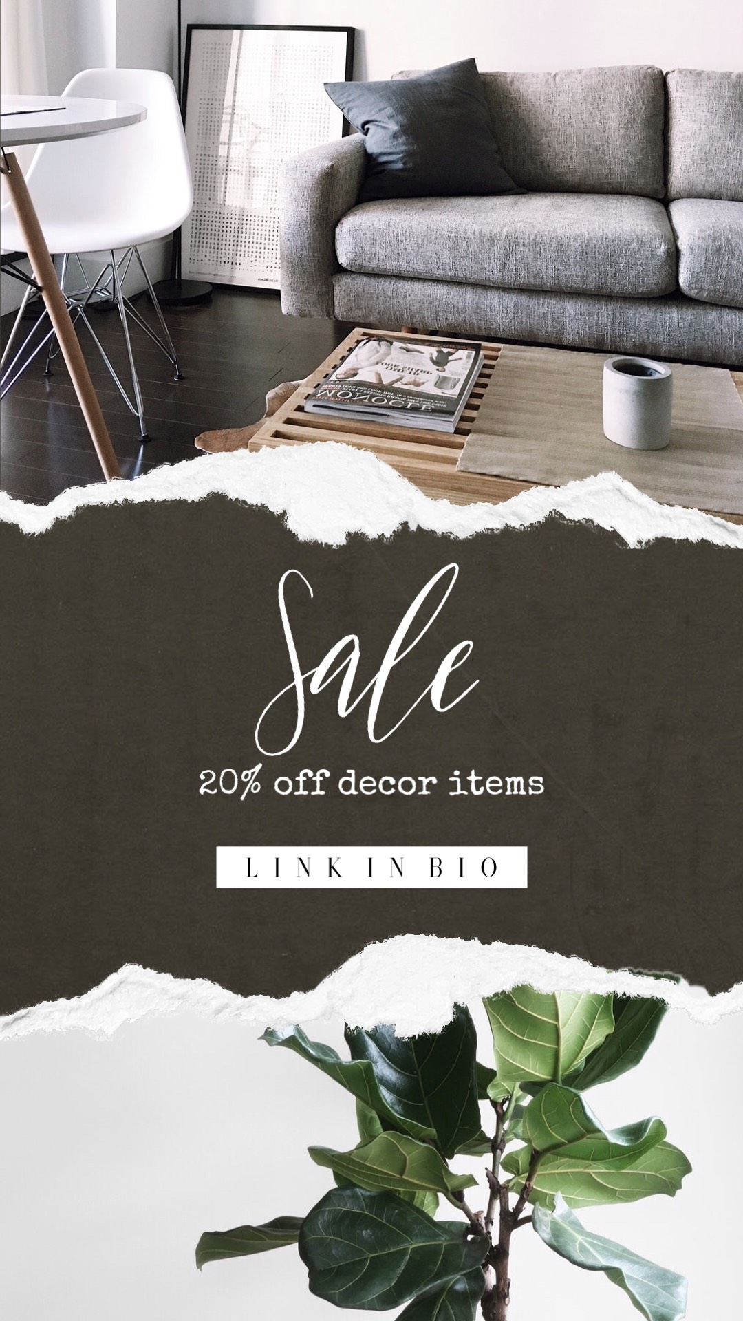 Sale Decore Items. Link In Bio. Living Room With A Couch And A Coffee Table Template