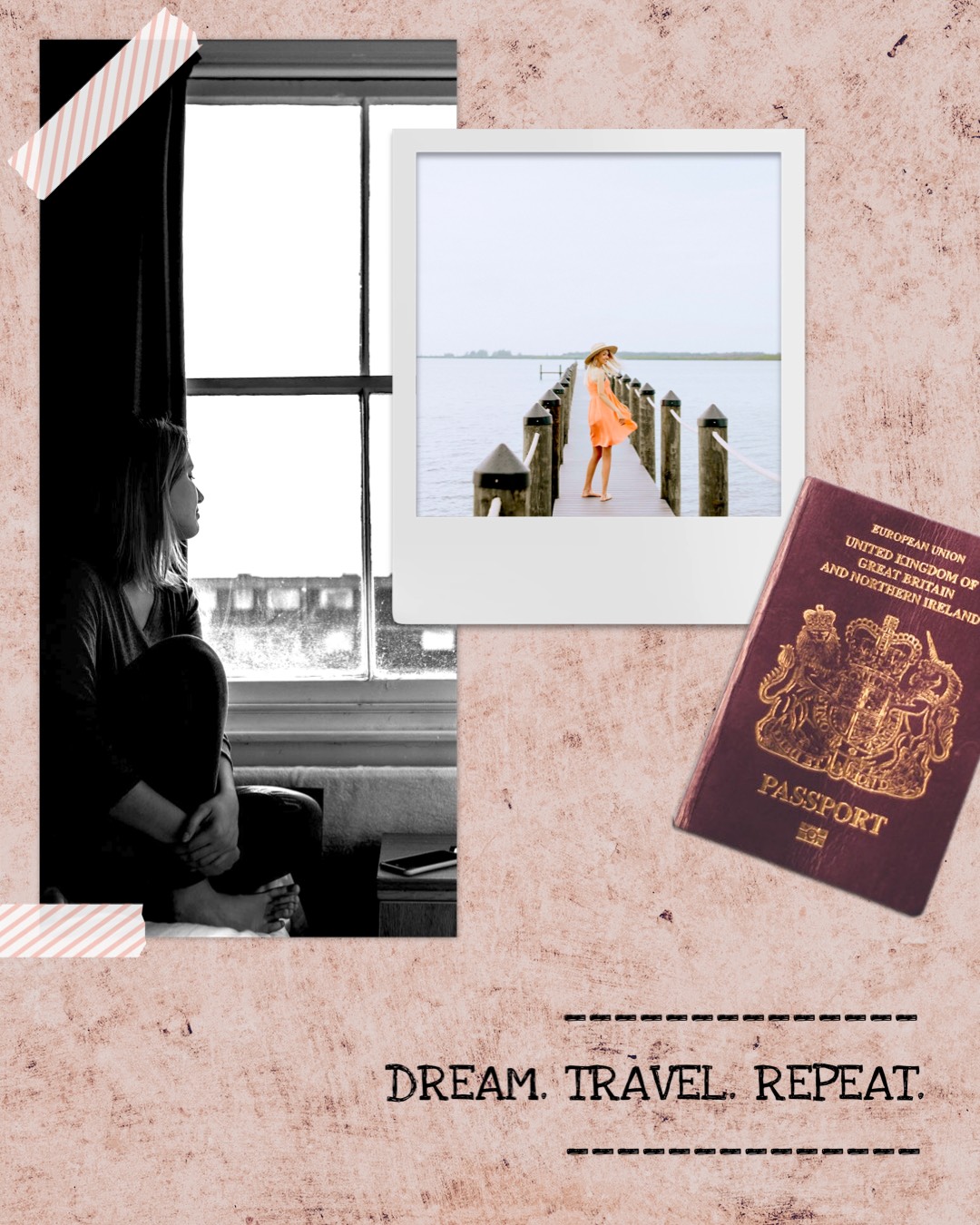 A Woman Standing Next To A Window Next To A Passport Wanderlust Template