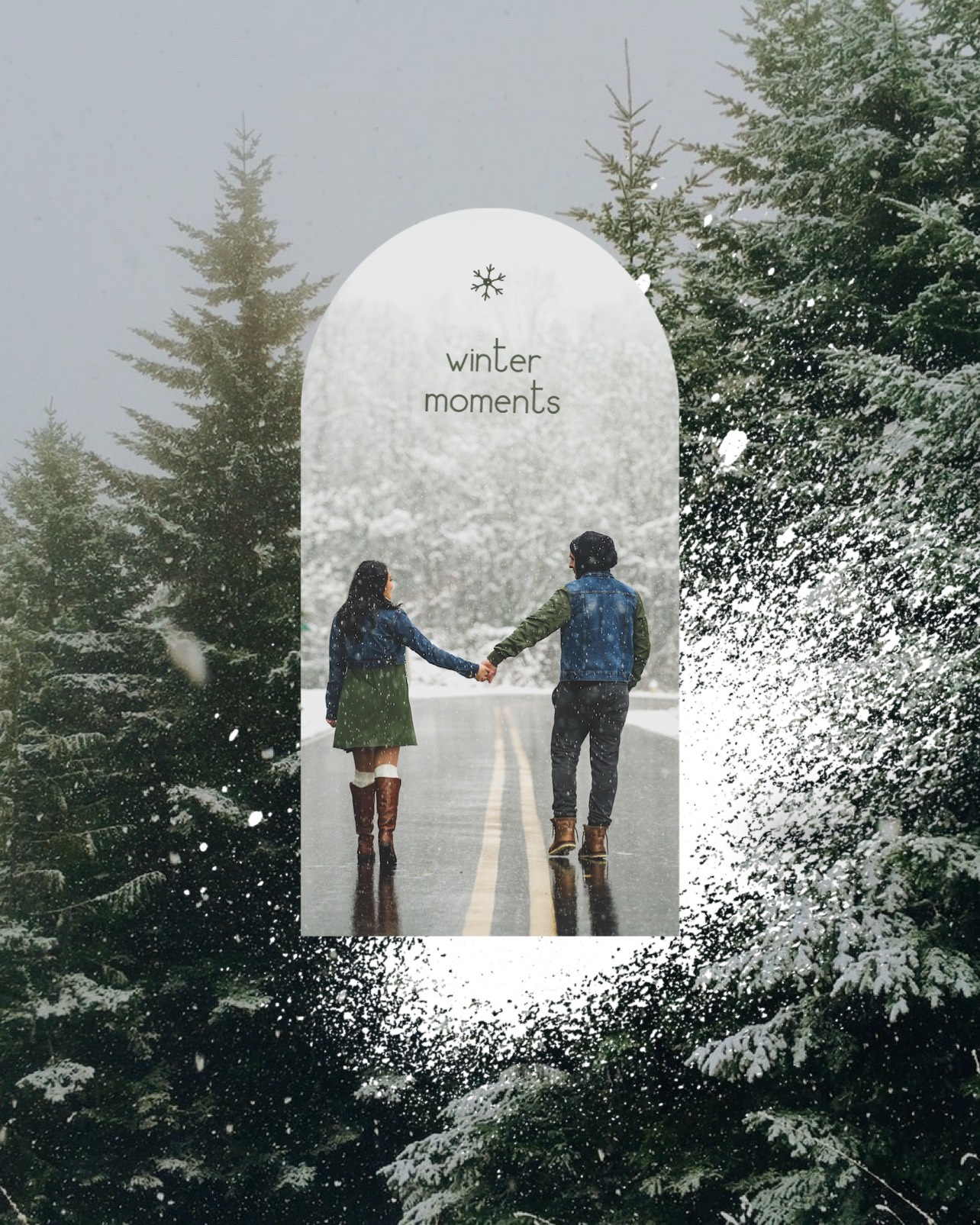 A Couple Holding Hands Walking Down A Road In The Snow Winter Wonderland Template
