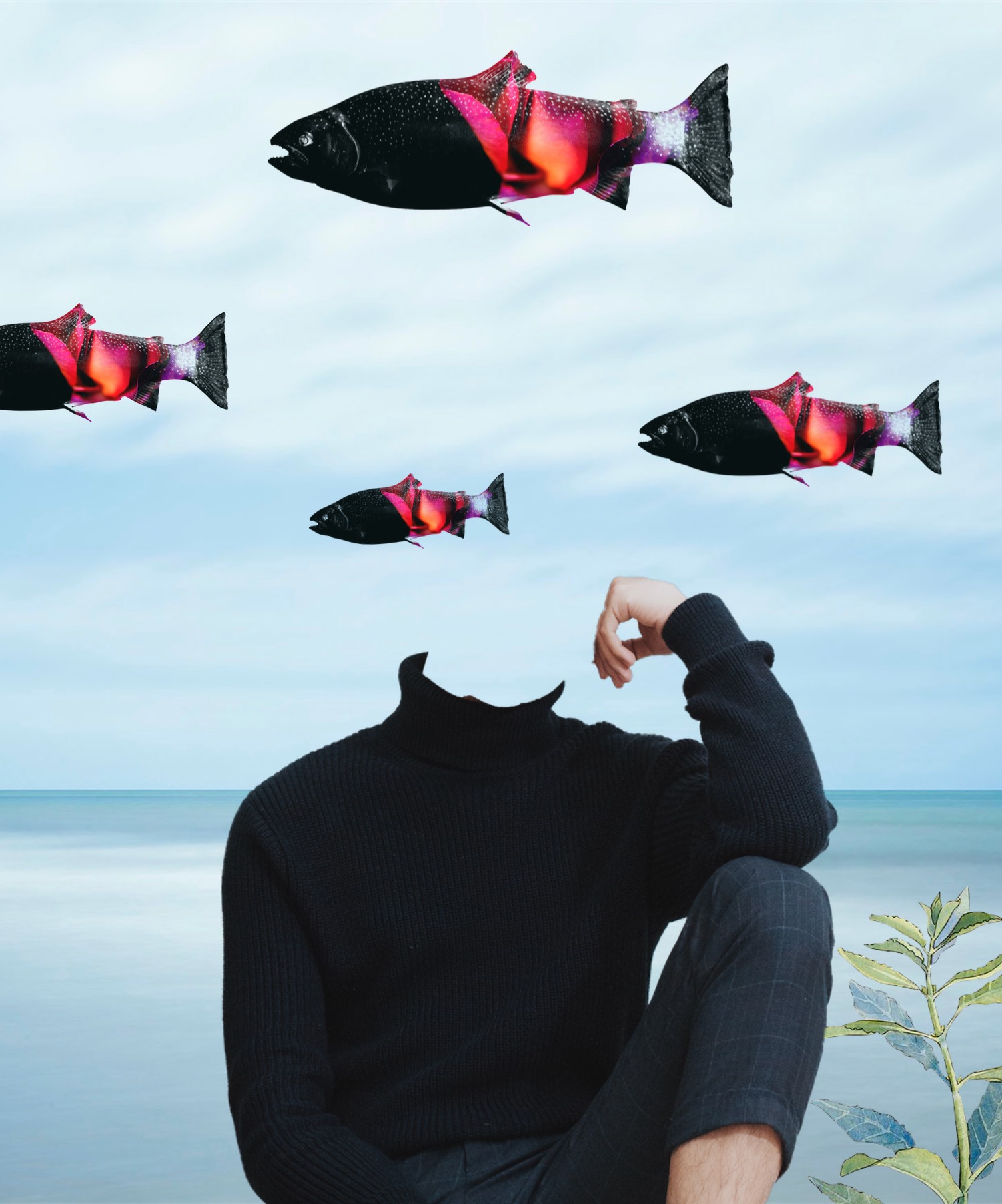 Headless man with fish in the sky collage art template