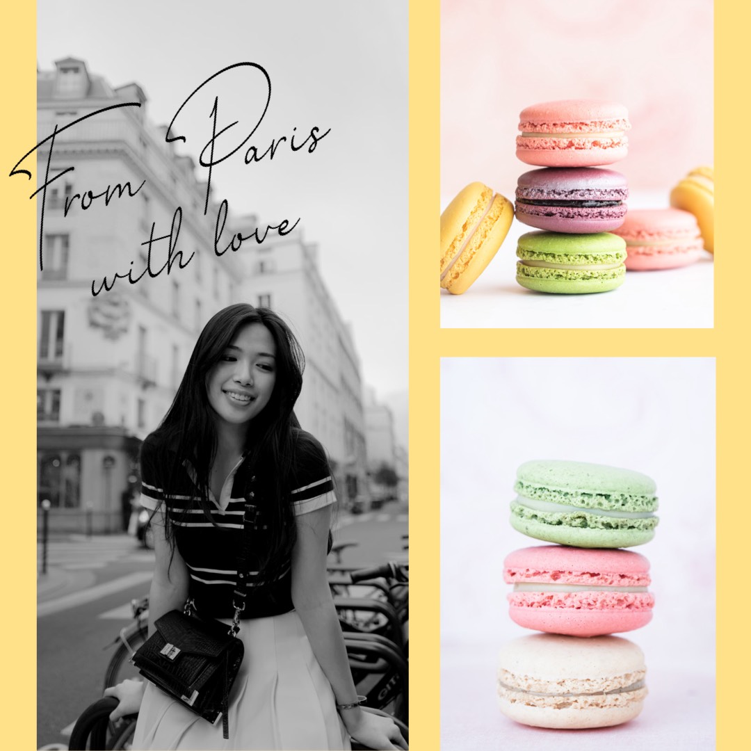 A Black And White Photo Of A Woman With Macaroons Grids Template