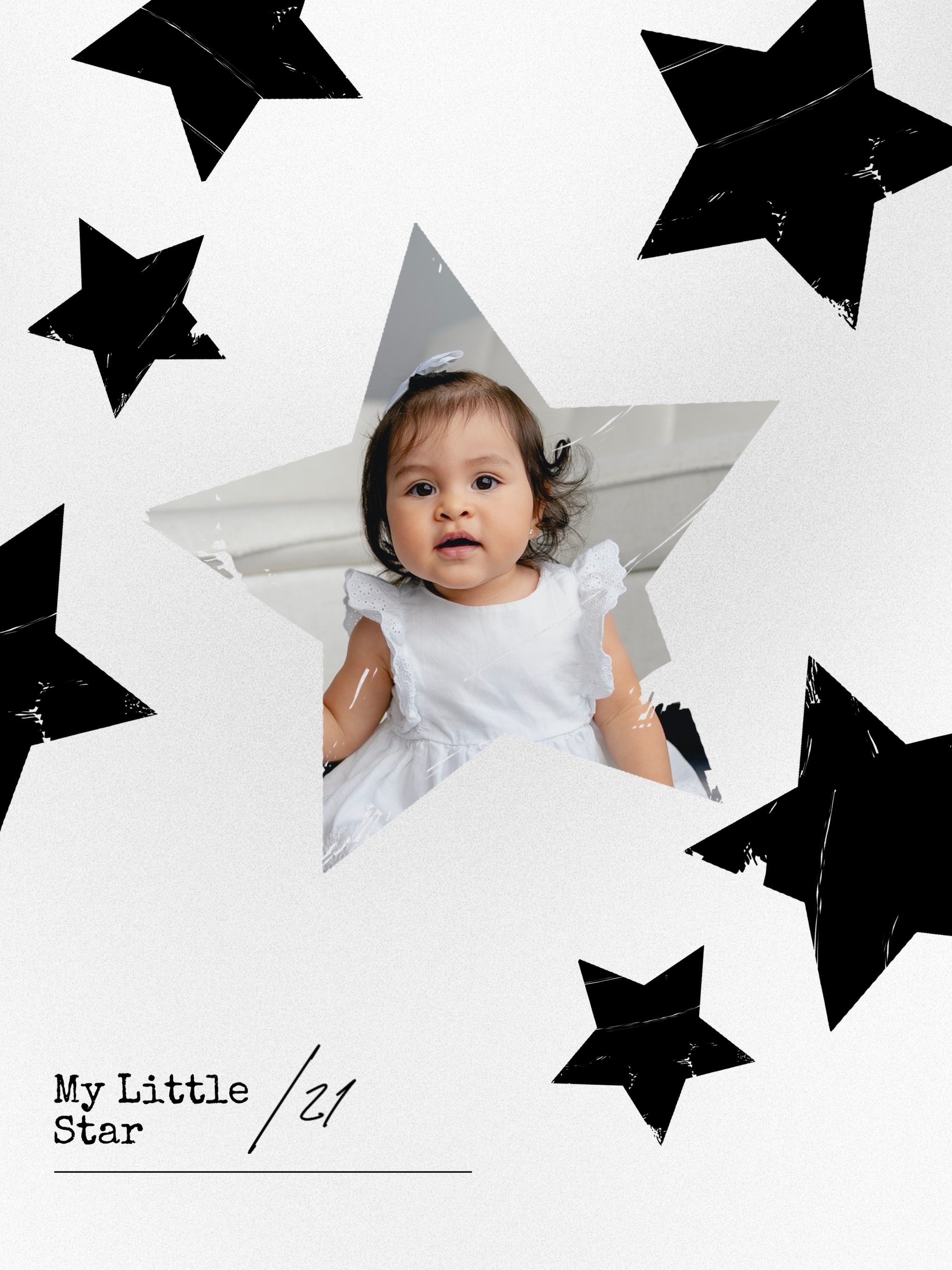 A Little Girl In A White Dress Surrounded By Black Stars Baby Template
