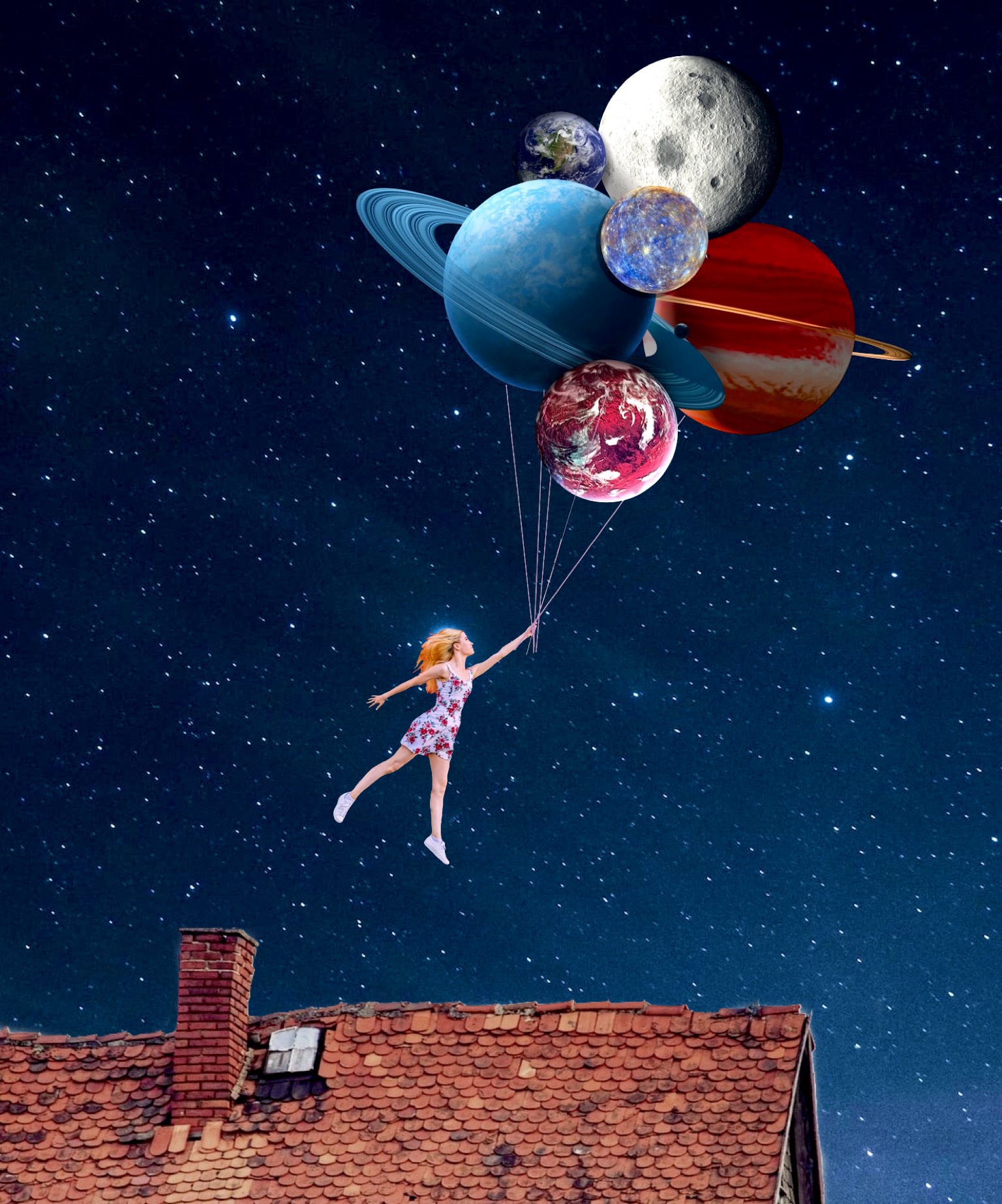 A Woman Flying Through The Air While Holding Onto A Bunch Of Balloons Collage Art Template