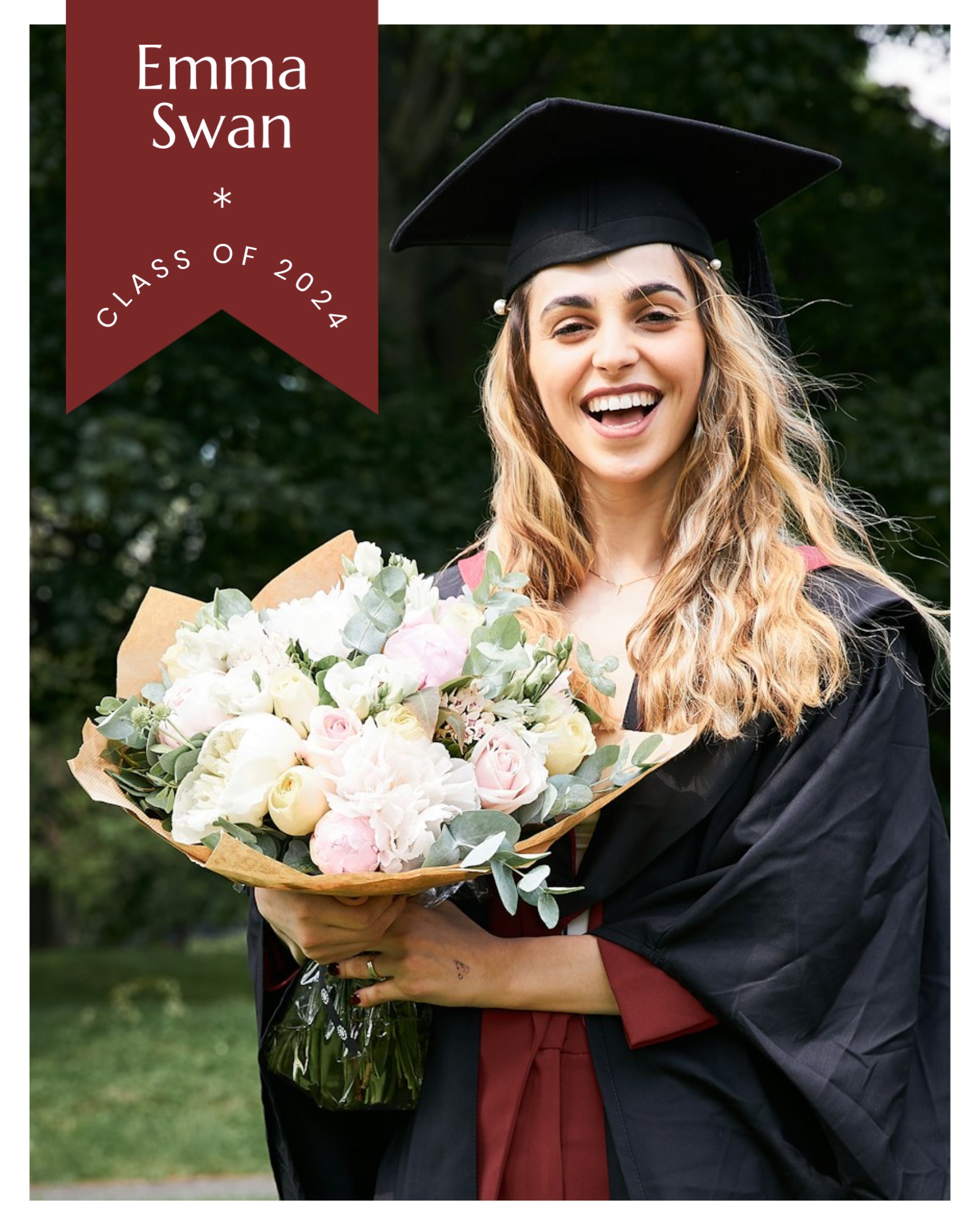 a photo of a student holding flowers graduation template 
