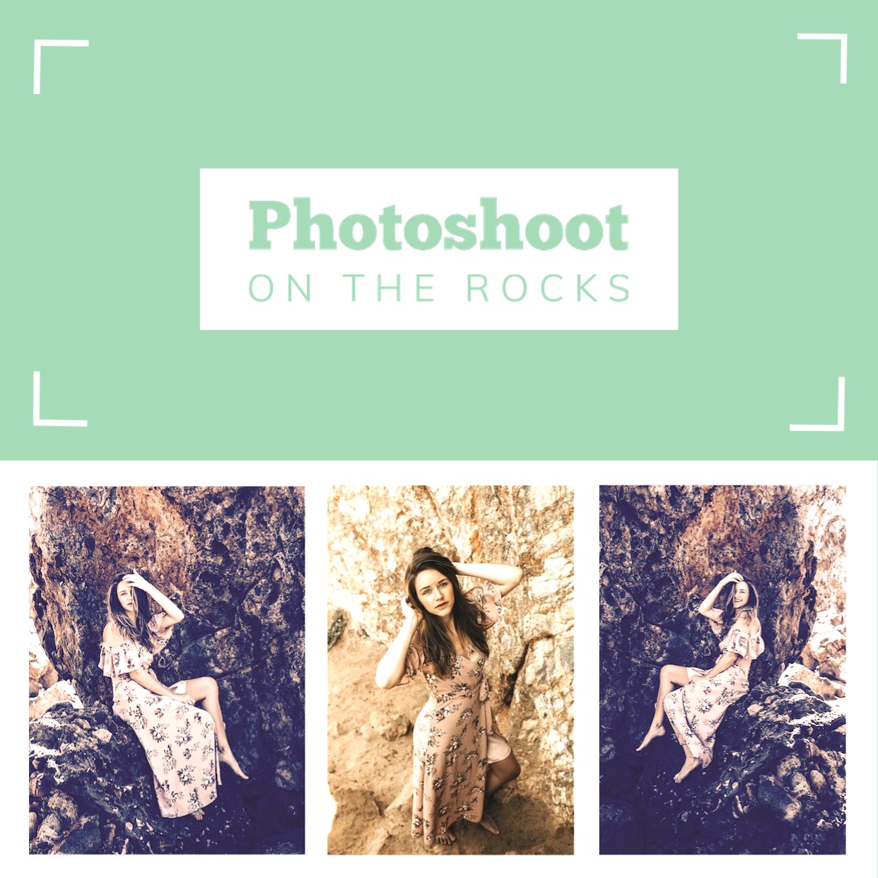 A Woman Sitting On A Rock With The Words Photoshoot On The Rocks Grids Template