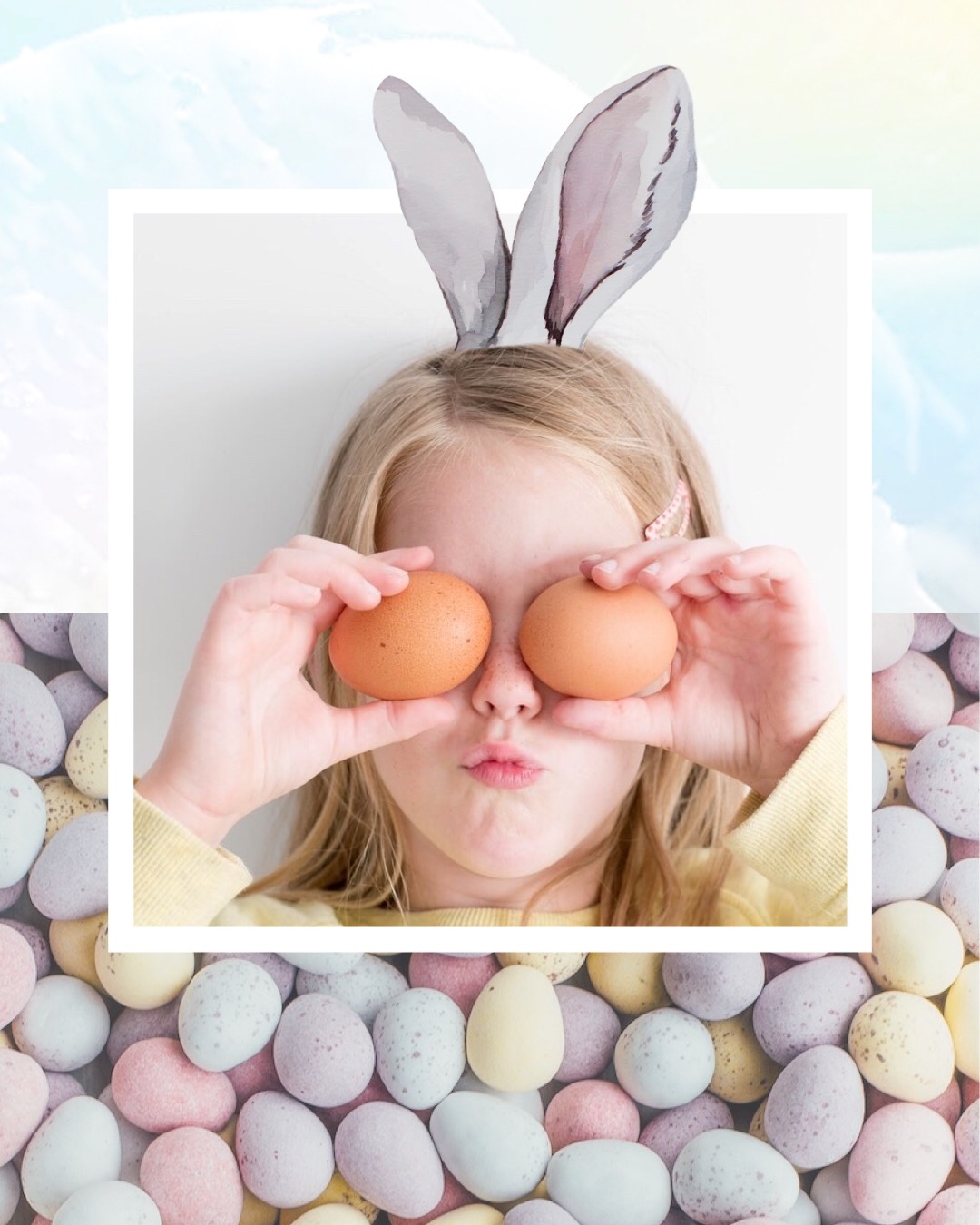 Child With Bunny Ears And Eggs Happy Easter Card Template