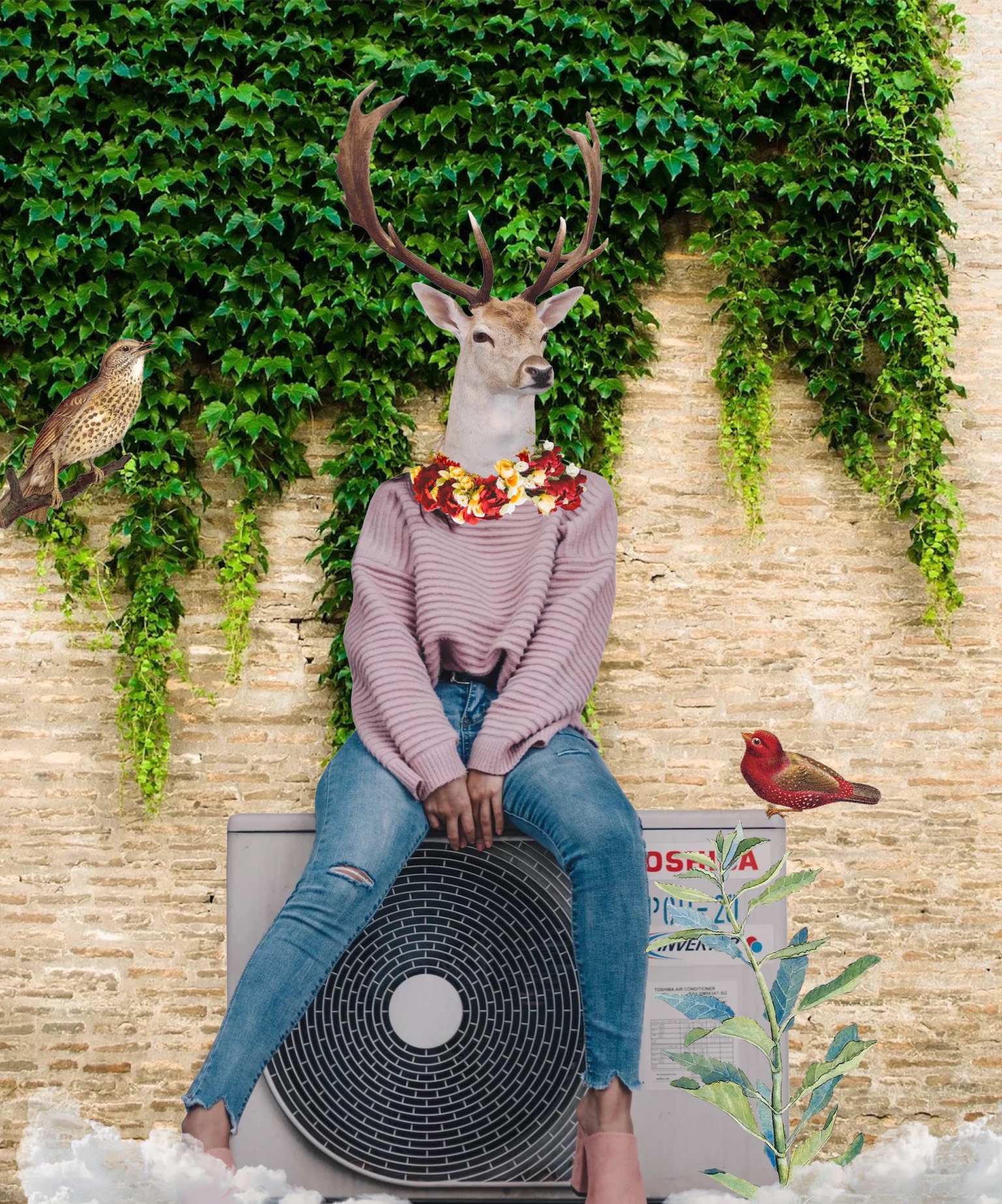 A Woman Sitting On A Bench With A Deer Head On Her Head Template