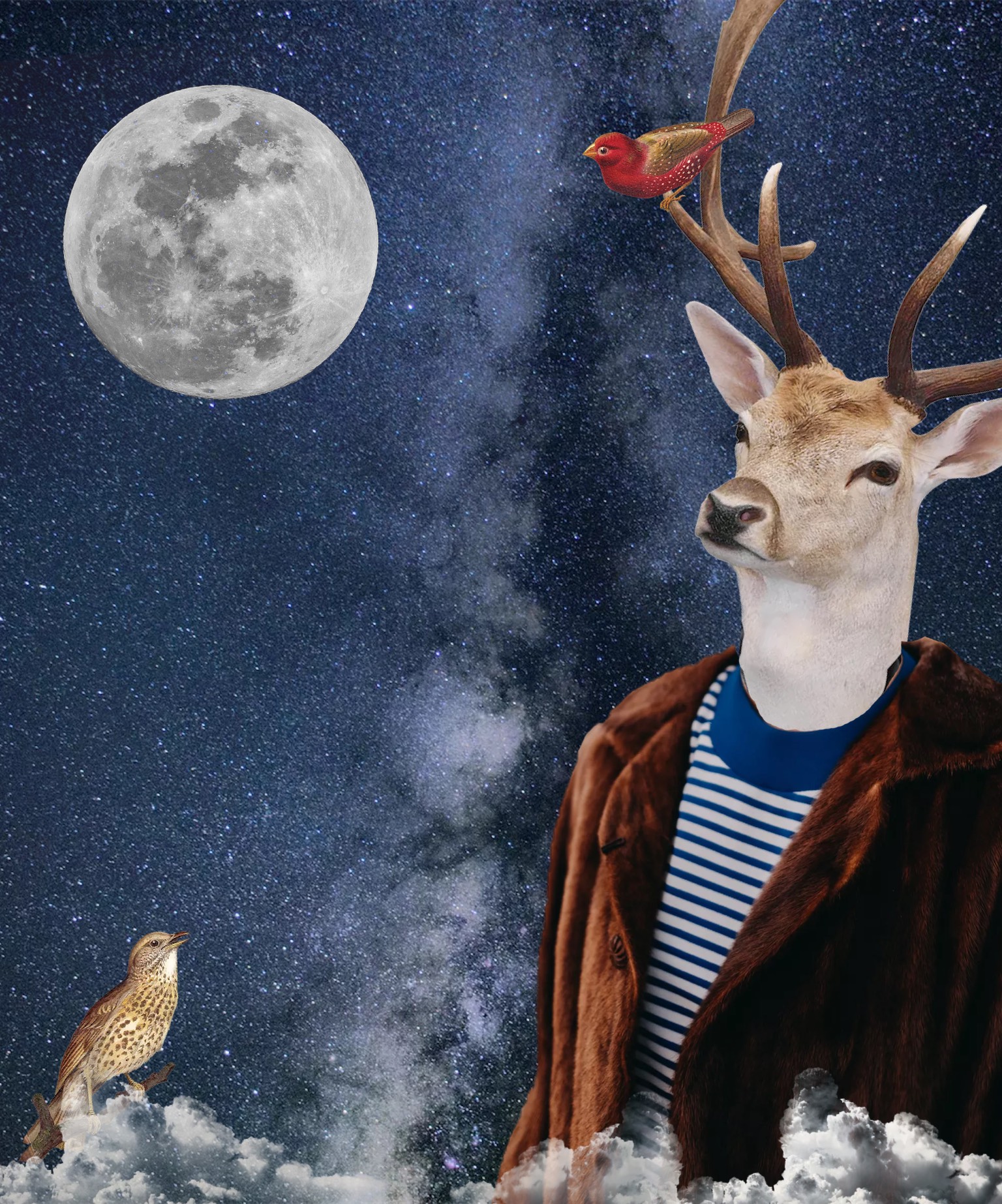 A Painting Of A Deer And A Bird In The Night Sky Template
