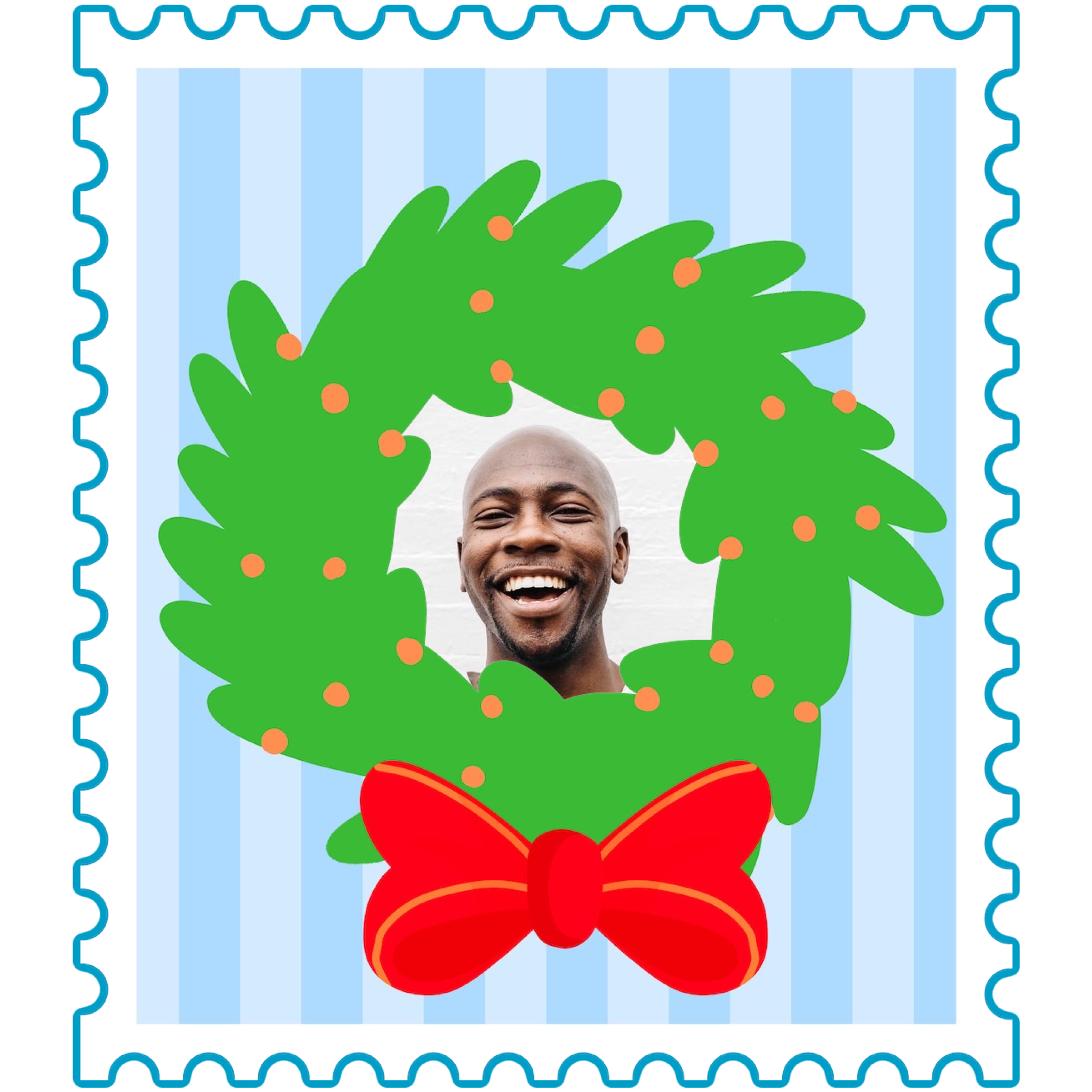 A Stamp With A Picture Of A Man With A Christmas Wreath On It Christmas Stickers Template