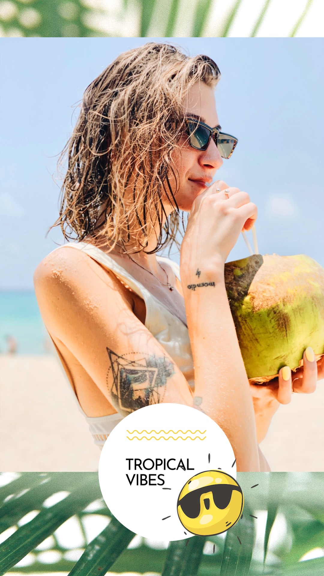 Woman drinking a coconut on the beach tropical vibes summer story template