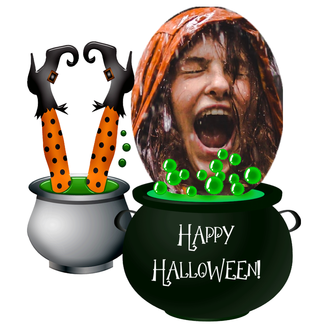 A Pot With A Witch'S Head And A Pair Of Scissors Sticking Out Of Halloween Stickers Template