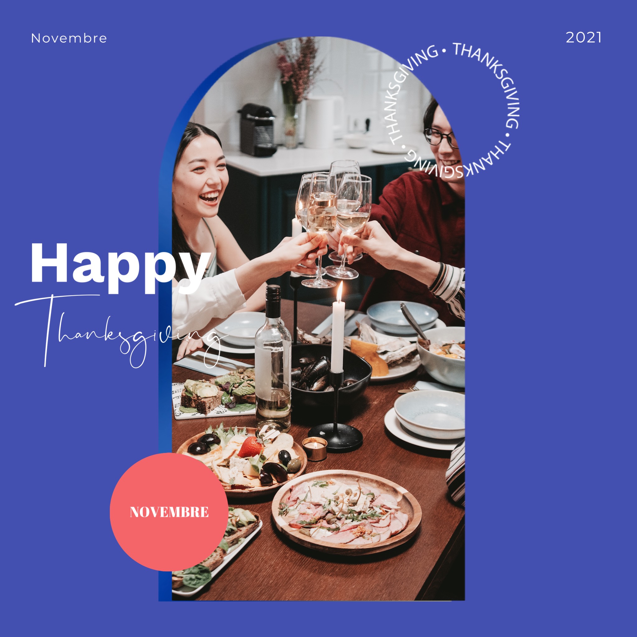 A Group Of People Toasting Wine Glasses At A Dinner Table Thanksgiving Template