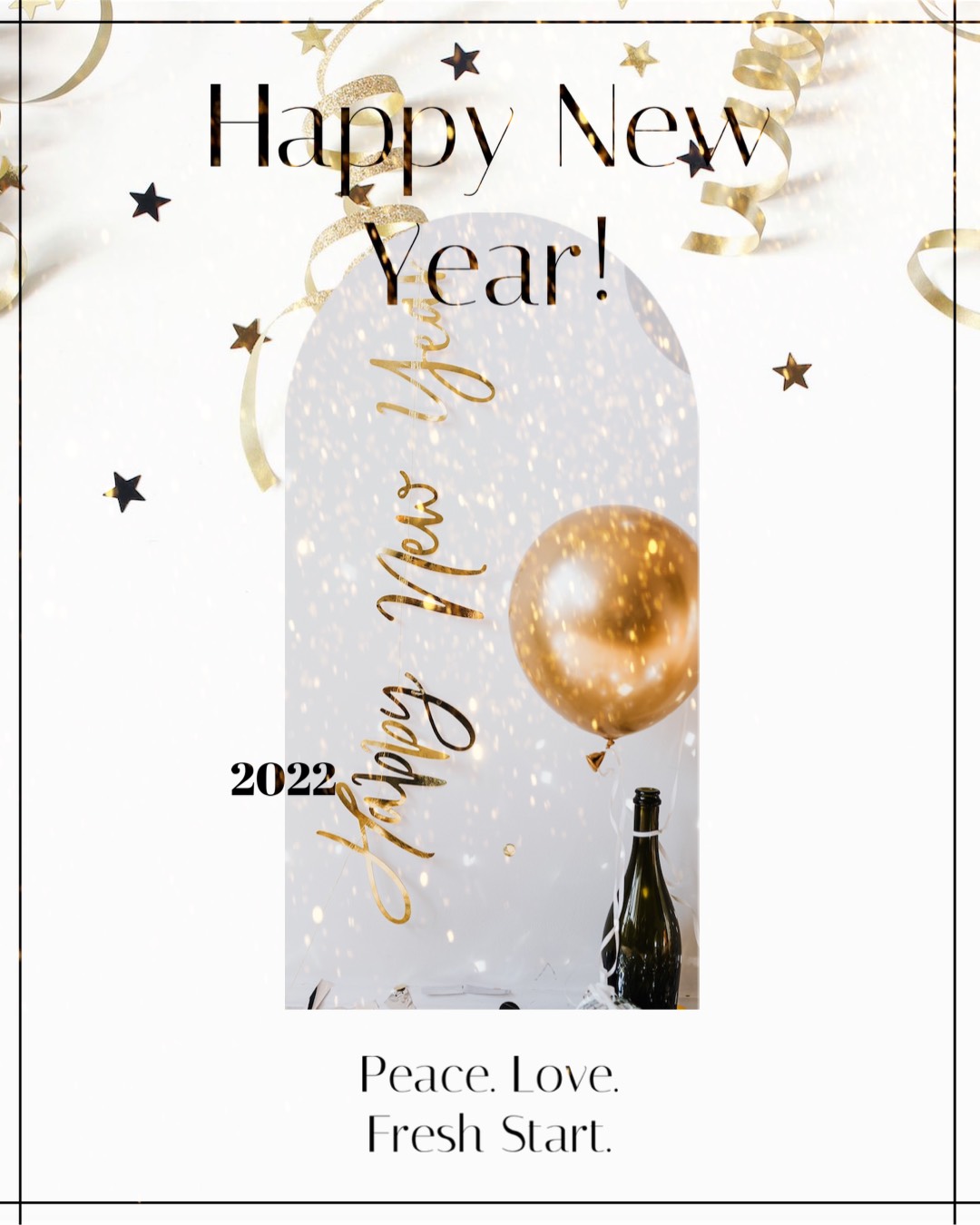 Happy new year 2022! Bottle of champagne with balloons Happy New Year template